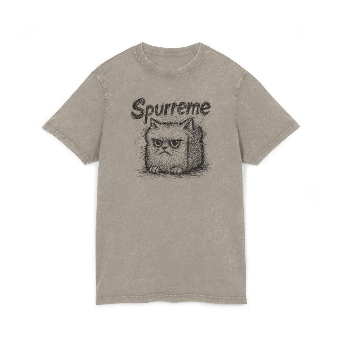Spurreme Angry Fluffy Loaf Kitty Sketch Graphic Acid Washed T-Shirt in dark khaki, front view