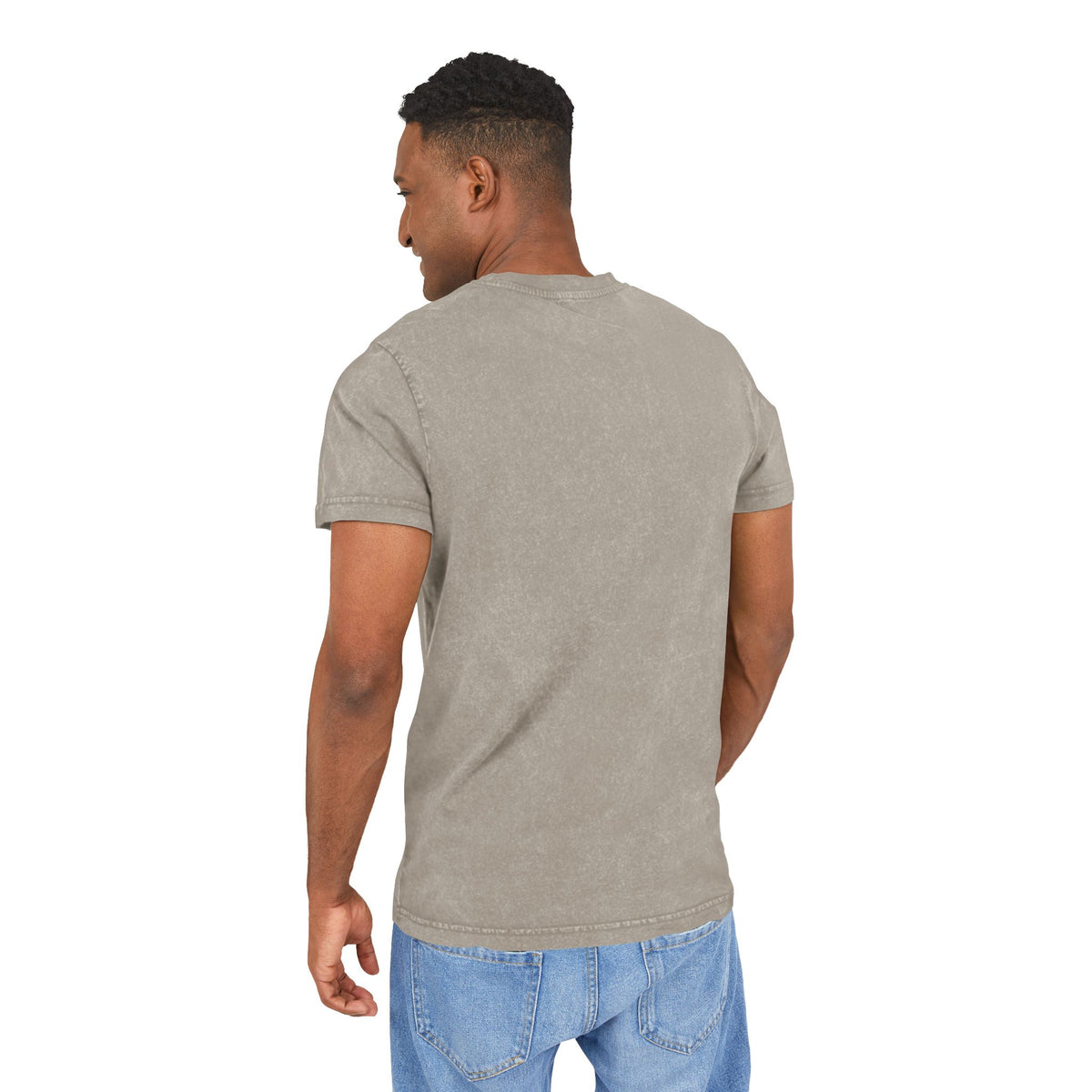 Spurreme Angry Fluffy Loaf Kitty Sketch Graphic Acid Washed T-Shirt in dark khaki, back view on a male model