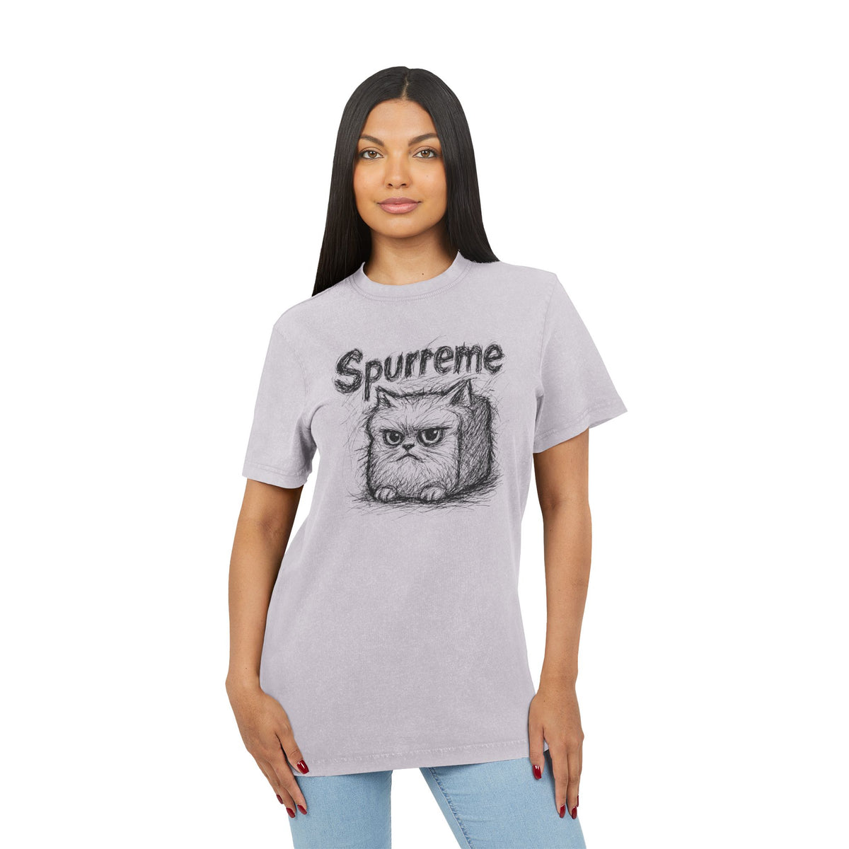 Spurreme Angry Fluffy Loaf Kitty Sketch Graphic Acid Washed T-Shirt in soft lilac, worn by a female model