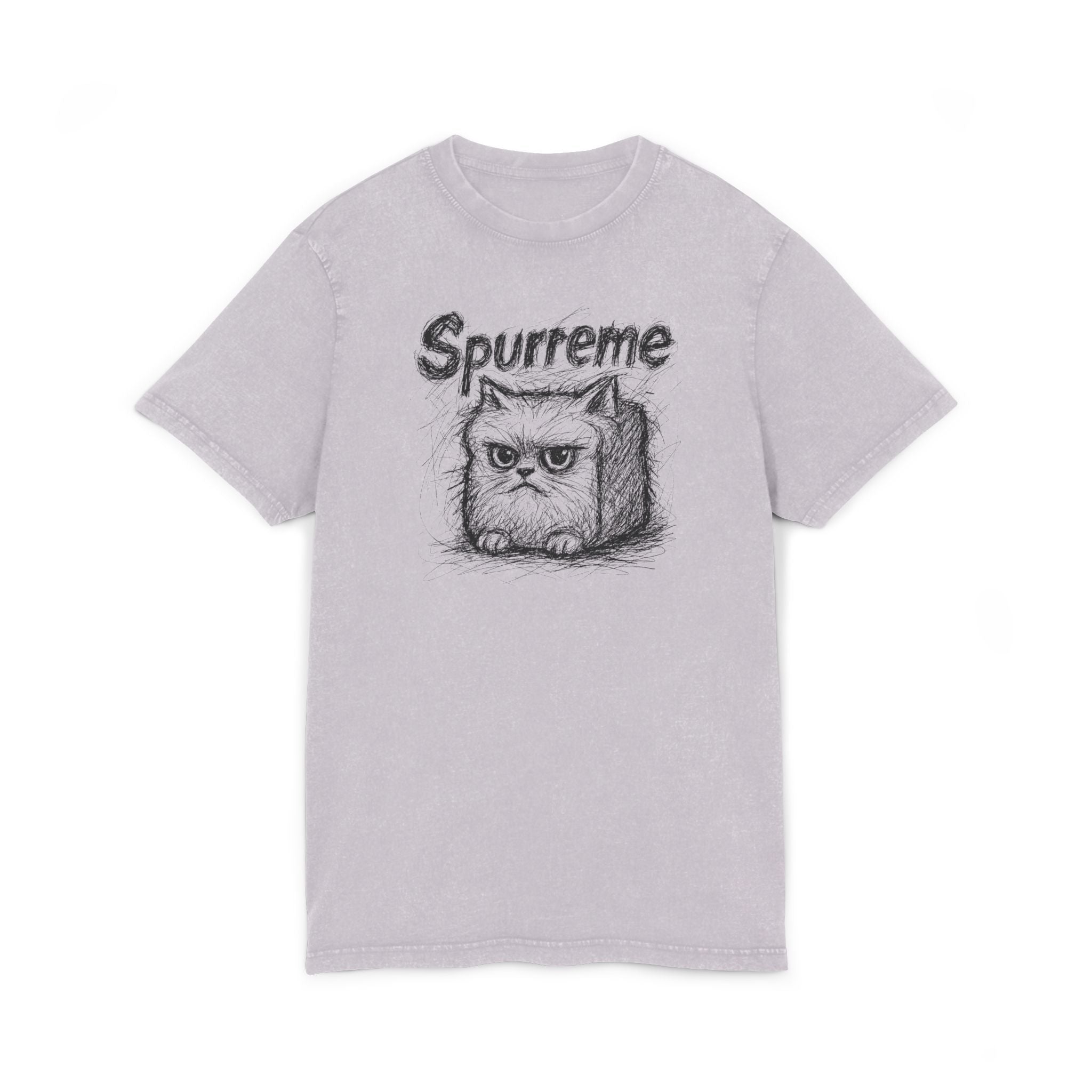 Spurreme Angry Fluffy Loaf Kitty Sketch Graphic Acid Washed T-Shirt in soft lilac, front view