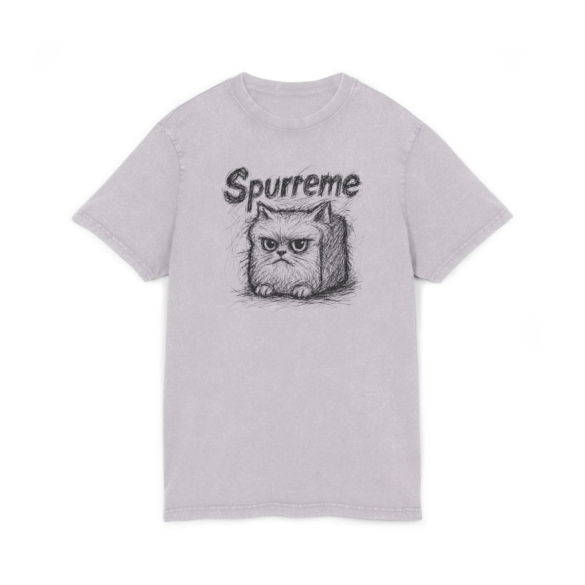 Spurreme Angry Fluffy Loaf Kitty Sketch Graphic Acid Washed T-Shirt in soft lilac, front view