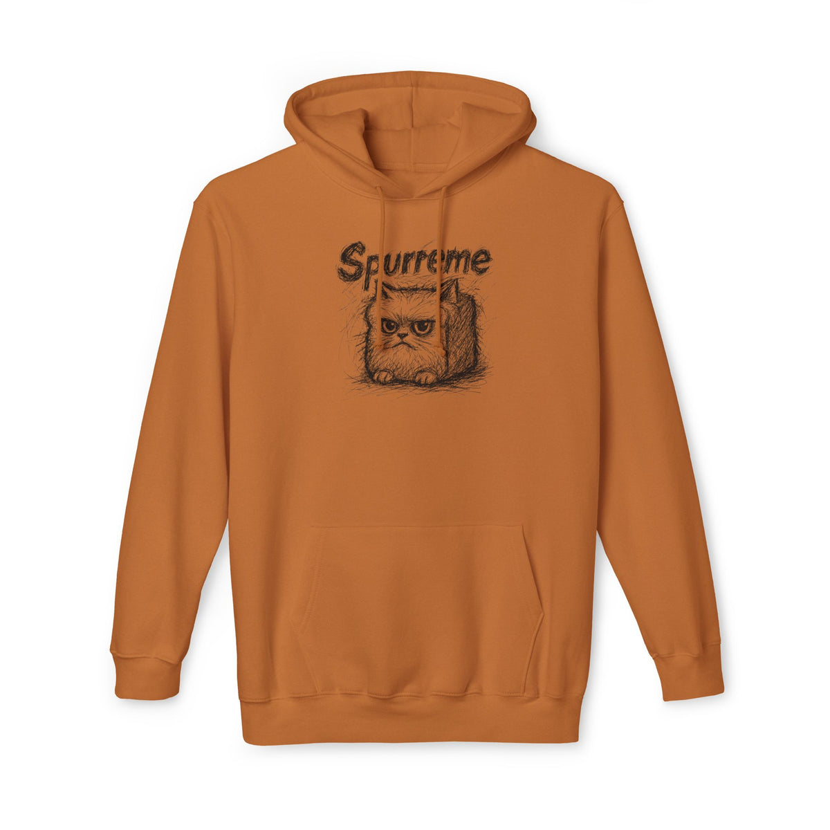Spurreme Angry Fluffy Loaf Kitty Sketch Graphic Hoodie in caramel brown, front view