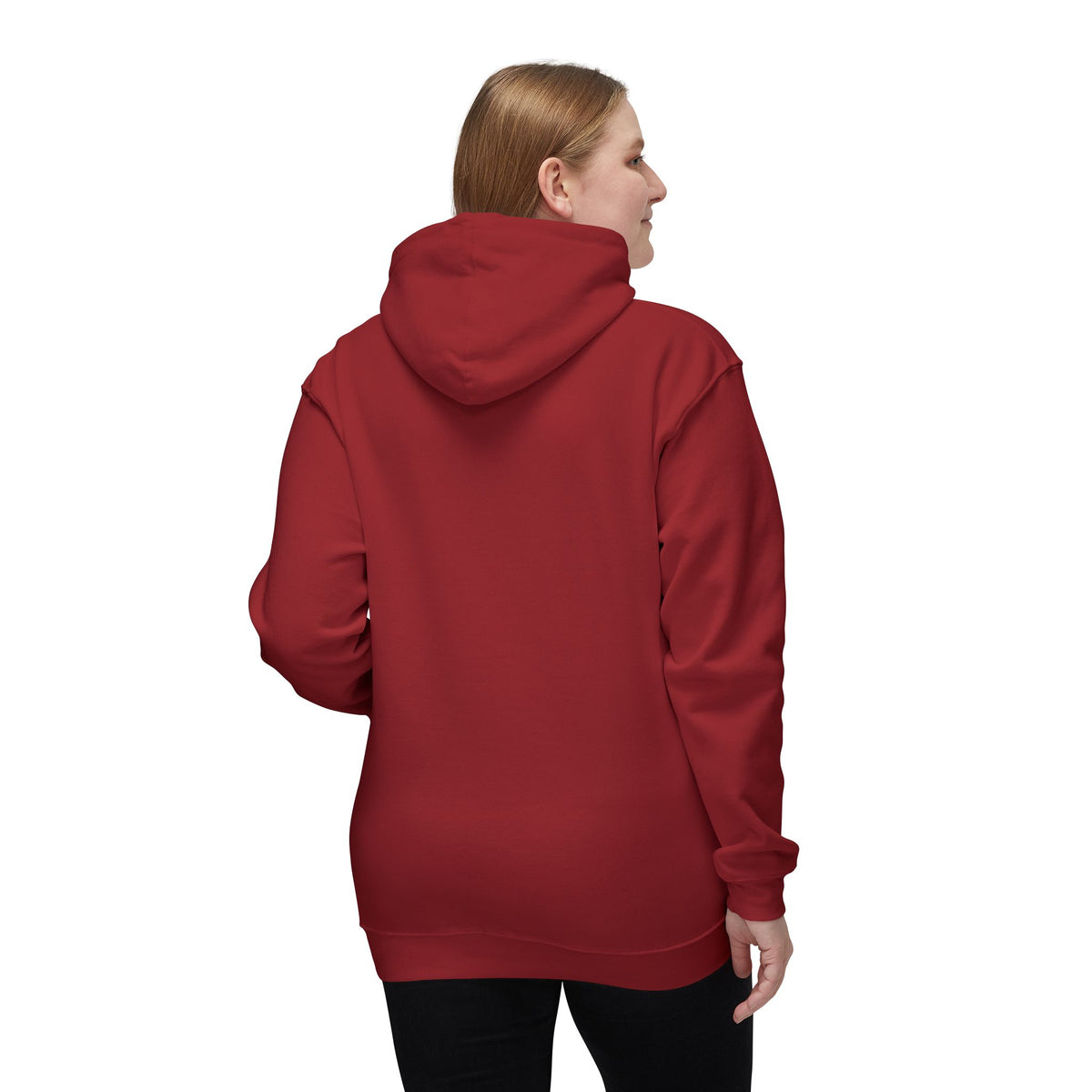 Spurreme Angry Fluffy Loaf Kitty Sketch Graphic Hoodie in cardinal, back view on a female model