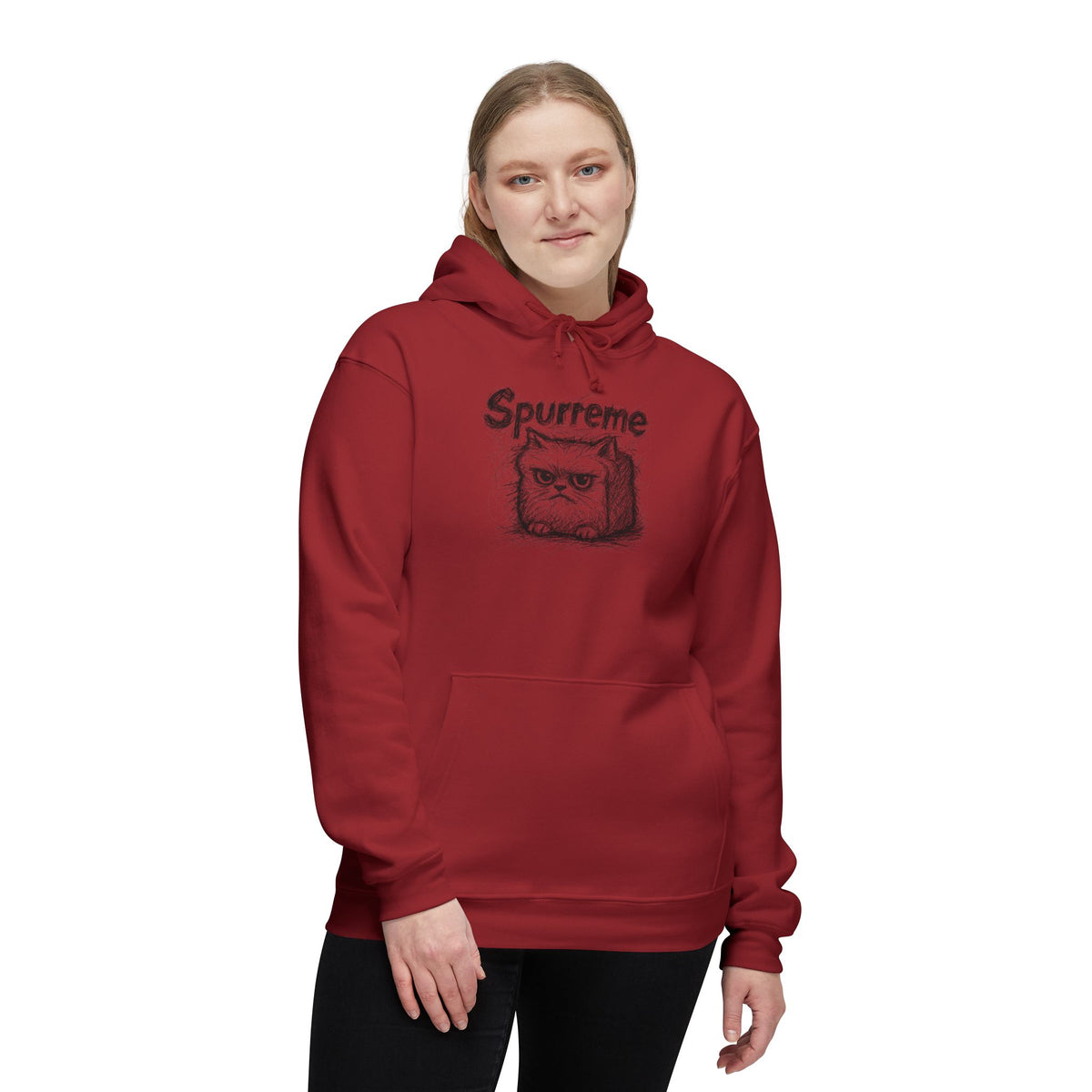 Spurreme Angry Fluffy Loaf Kitty Sketch Graphic Hoodie in cardinal, worn by a female model
