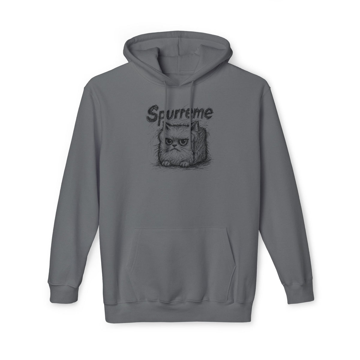 Spurreme Angry Fluffy Loaf Kitty Sketch Graphic Hoodie in charcoal, front view
