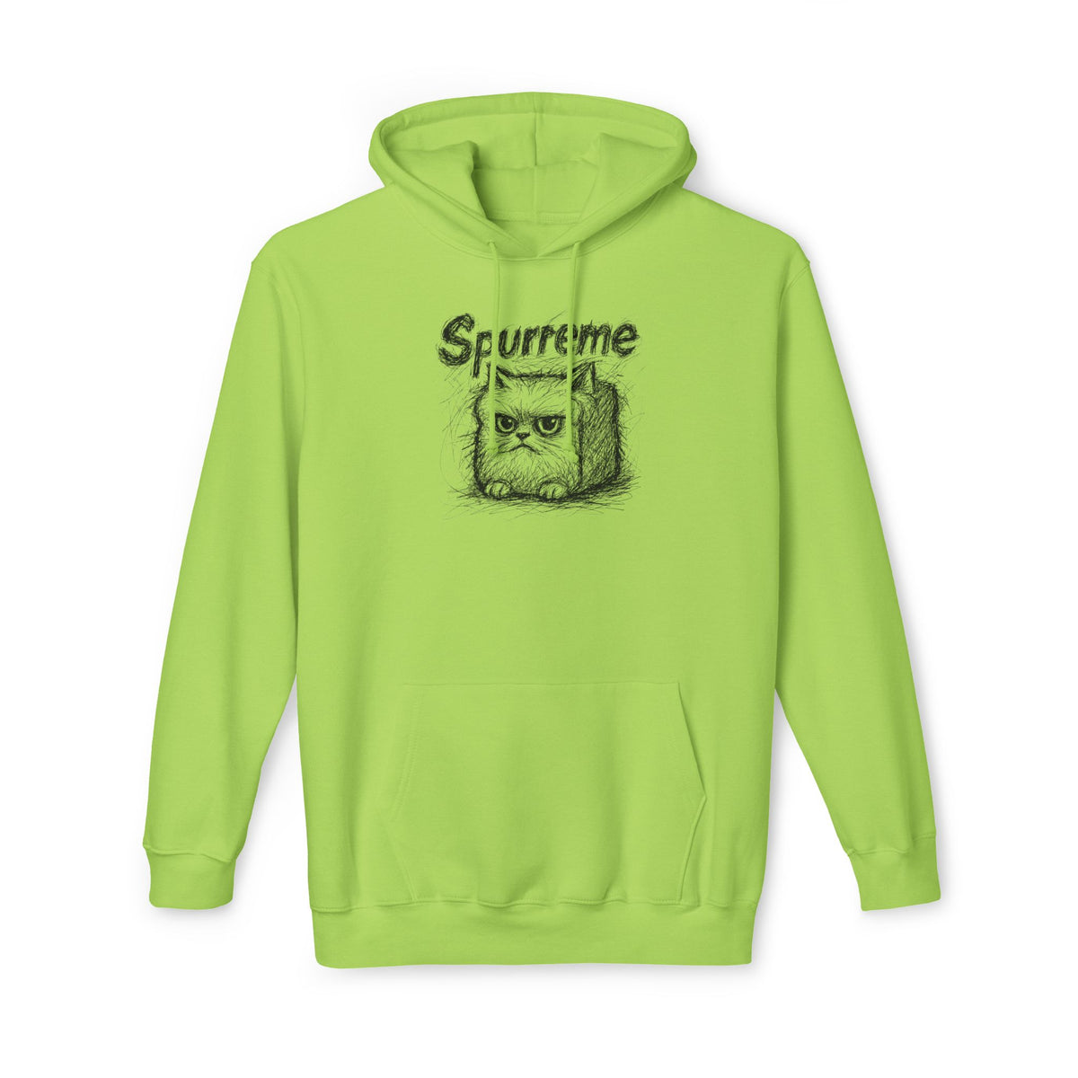Spurreme Angry Fluffy Loaf Kitty Sketch Graphic Hoodie in lime green, front view