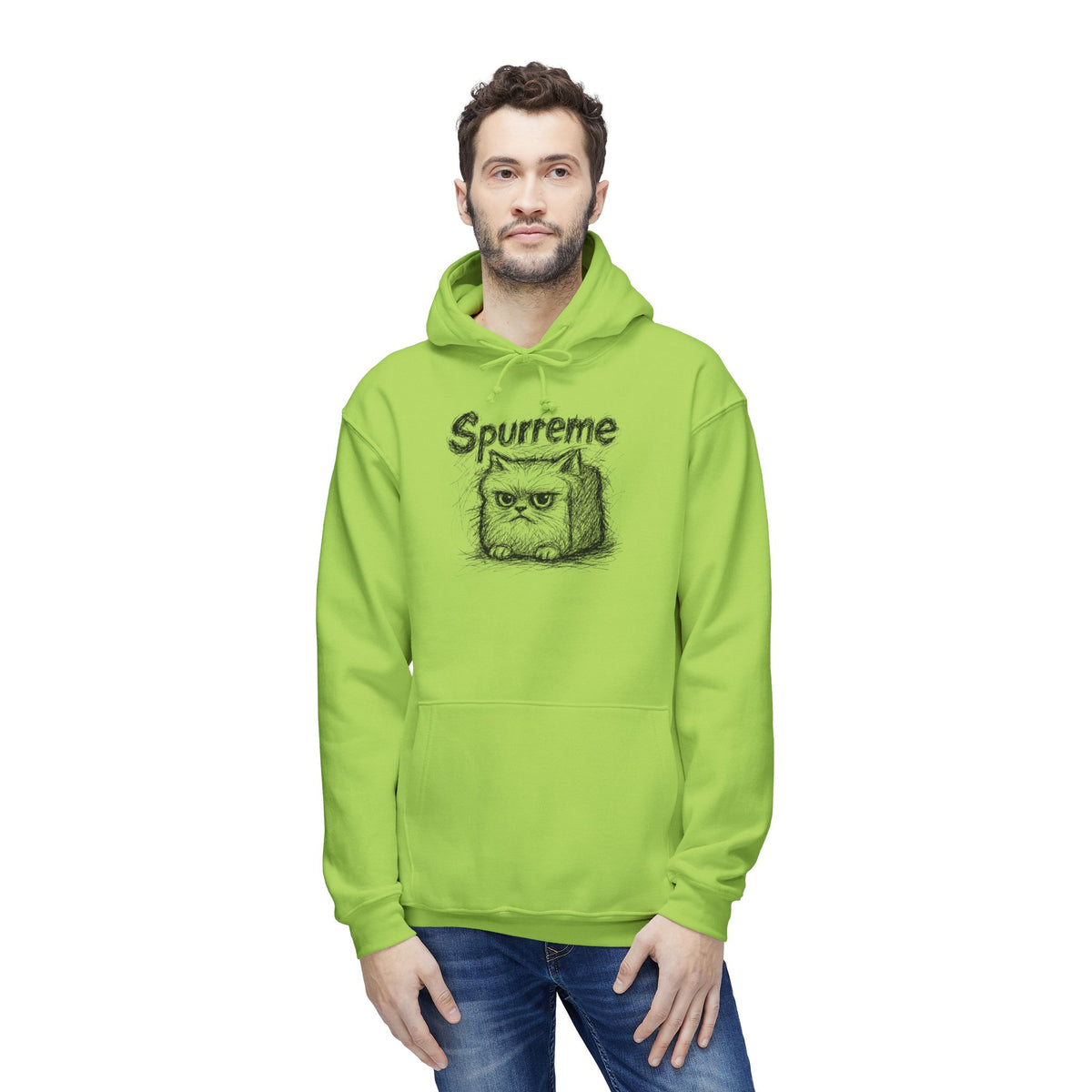 Spurreme Angry Fluffy Loaf Kitty Sketch Graphic Hoodie in lime green, worn by a male model