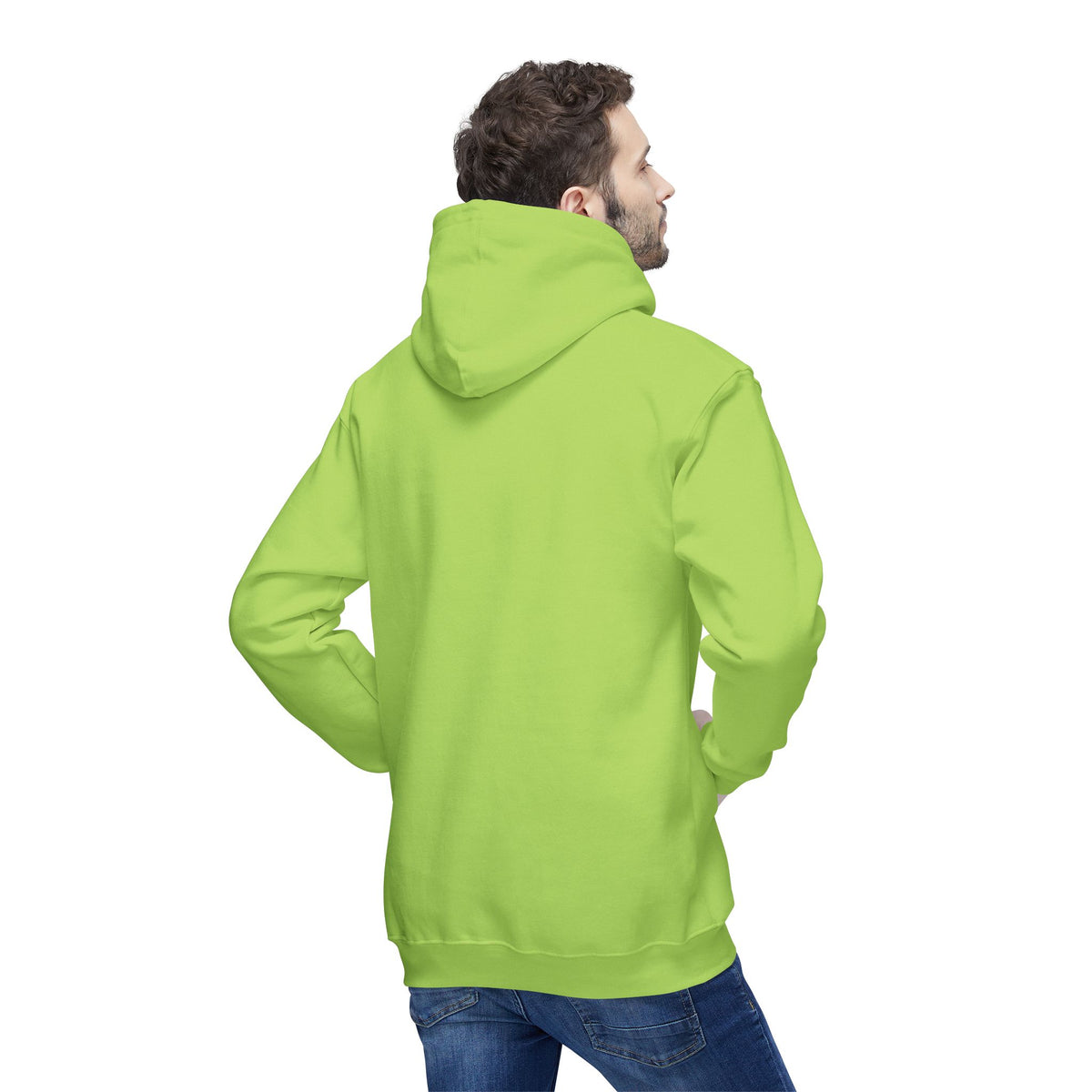 Spurreme Angry Fluffy Loaf Kitty Sketch Graphic Hoodie in lime green, back view on a male model