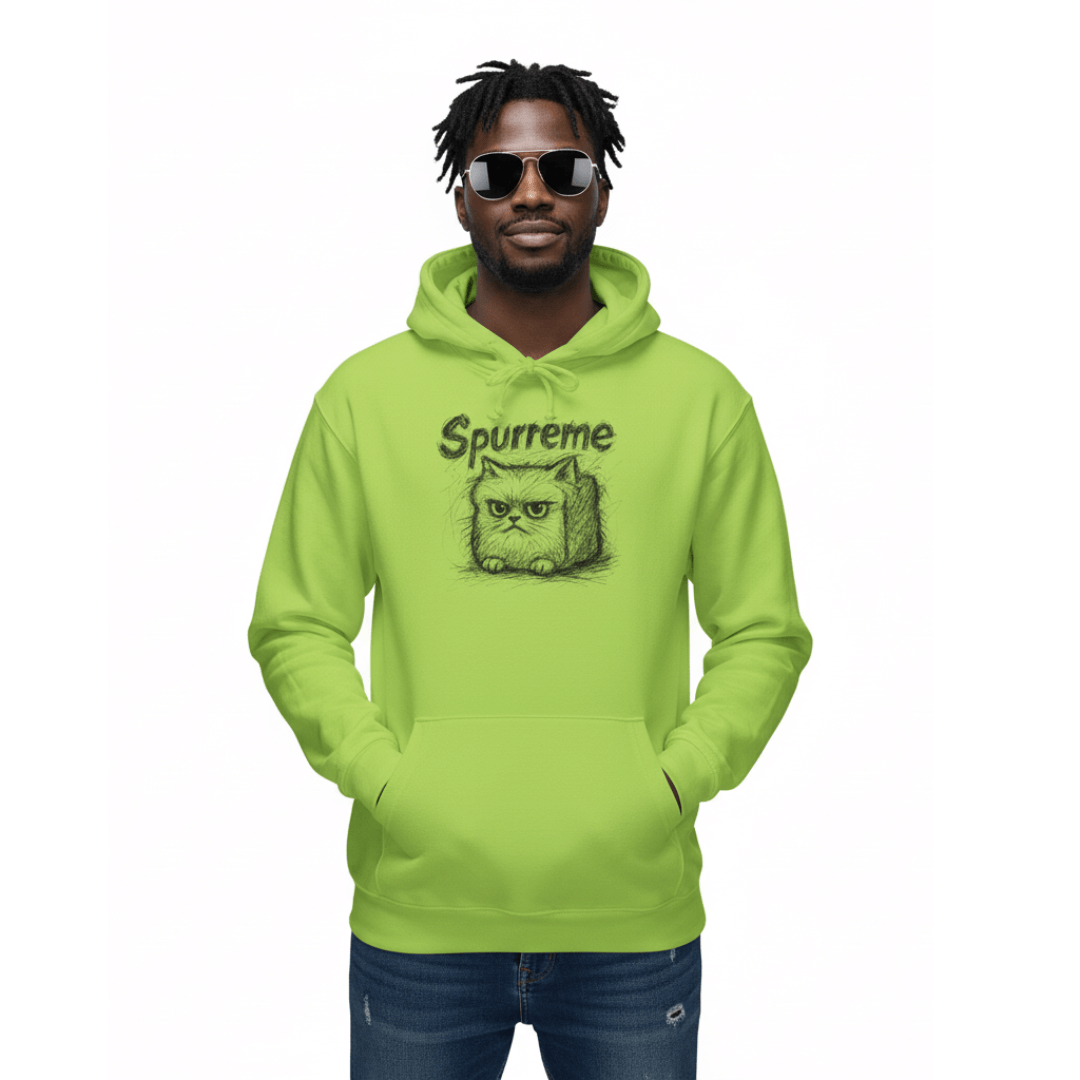 Spurreme Angry Fluffy Loaf Kitty Sketch Graphic Hoodie in lime green, worn by a male model