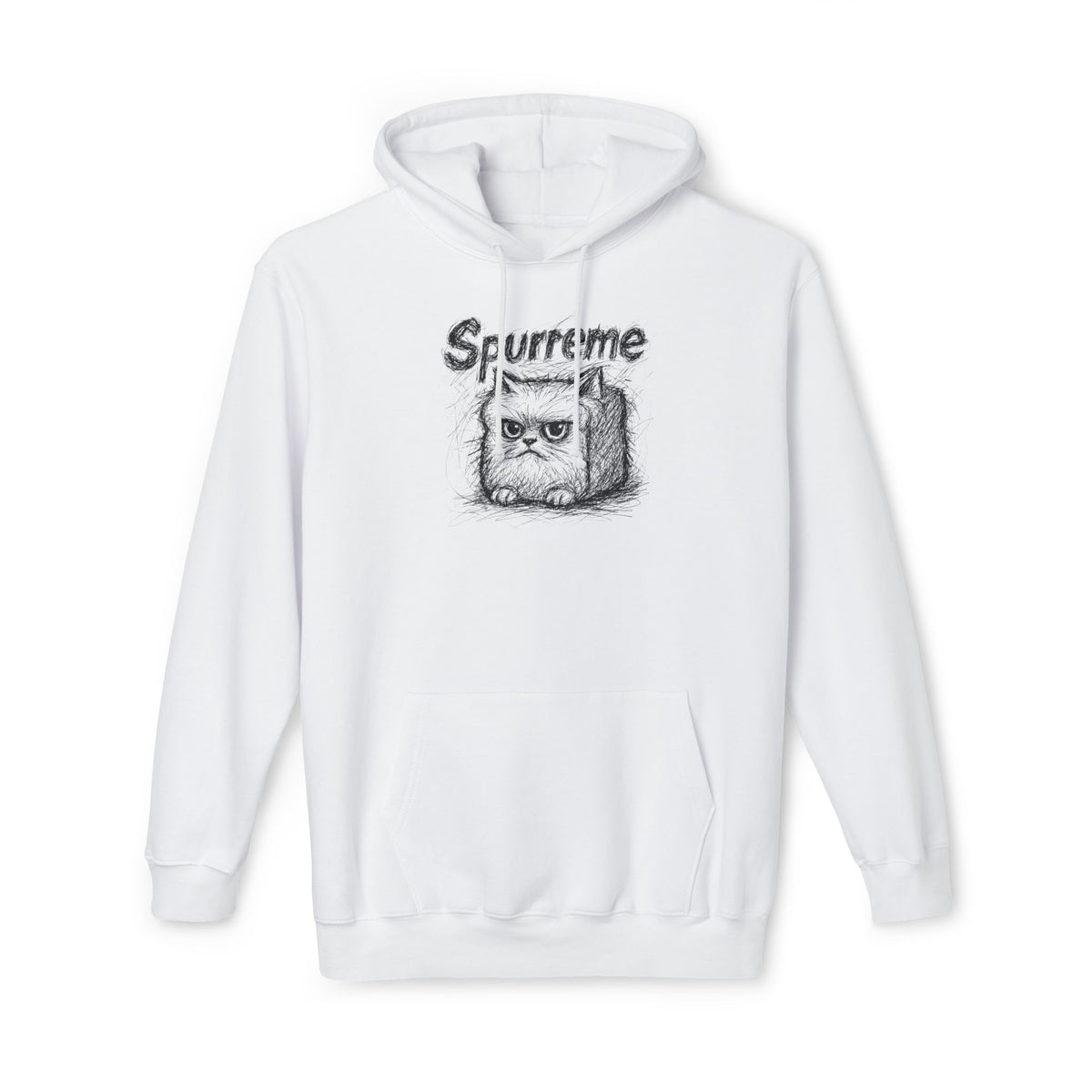Spurreme Angry Fluffy Loaf Kitty Sketch Graphic Hoodie in white, front view
