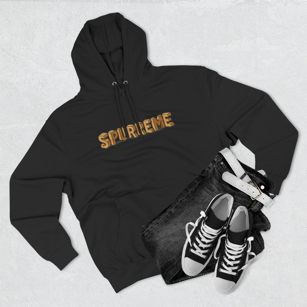 Spurreme Box Addict Cat Graphic Hoodie in black, flat lay