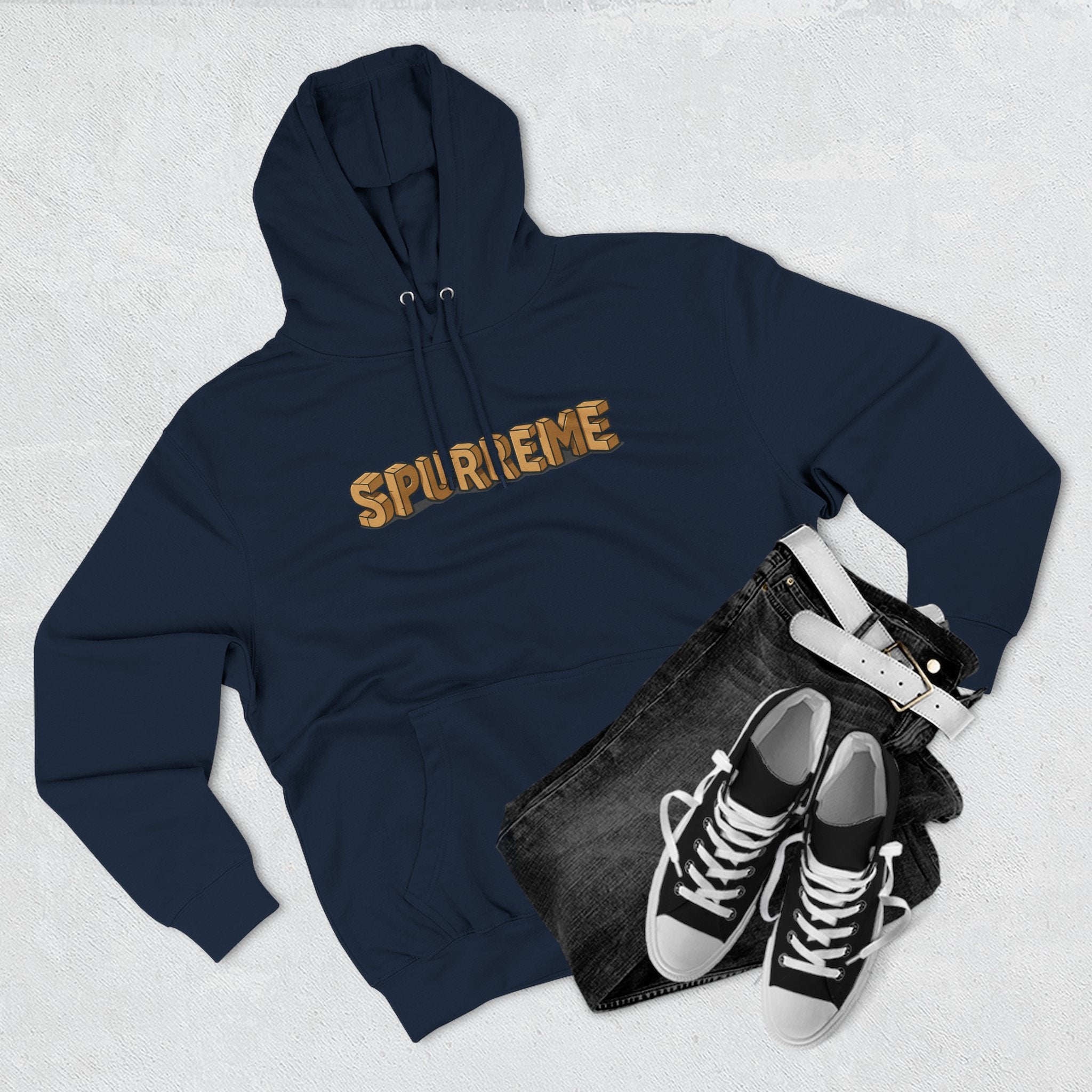 Spurreme Box Addict Cat Graphic Hoodie in navy, flat lay
