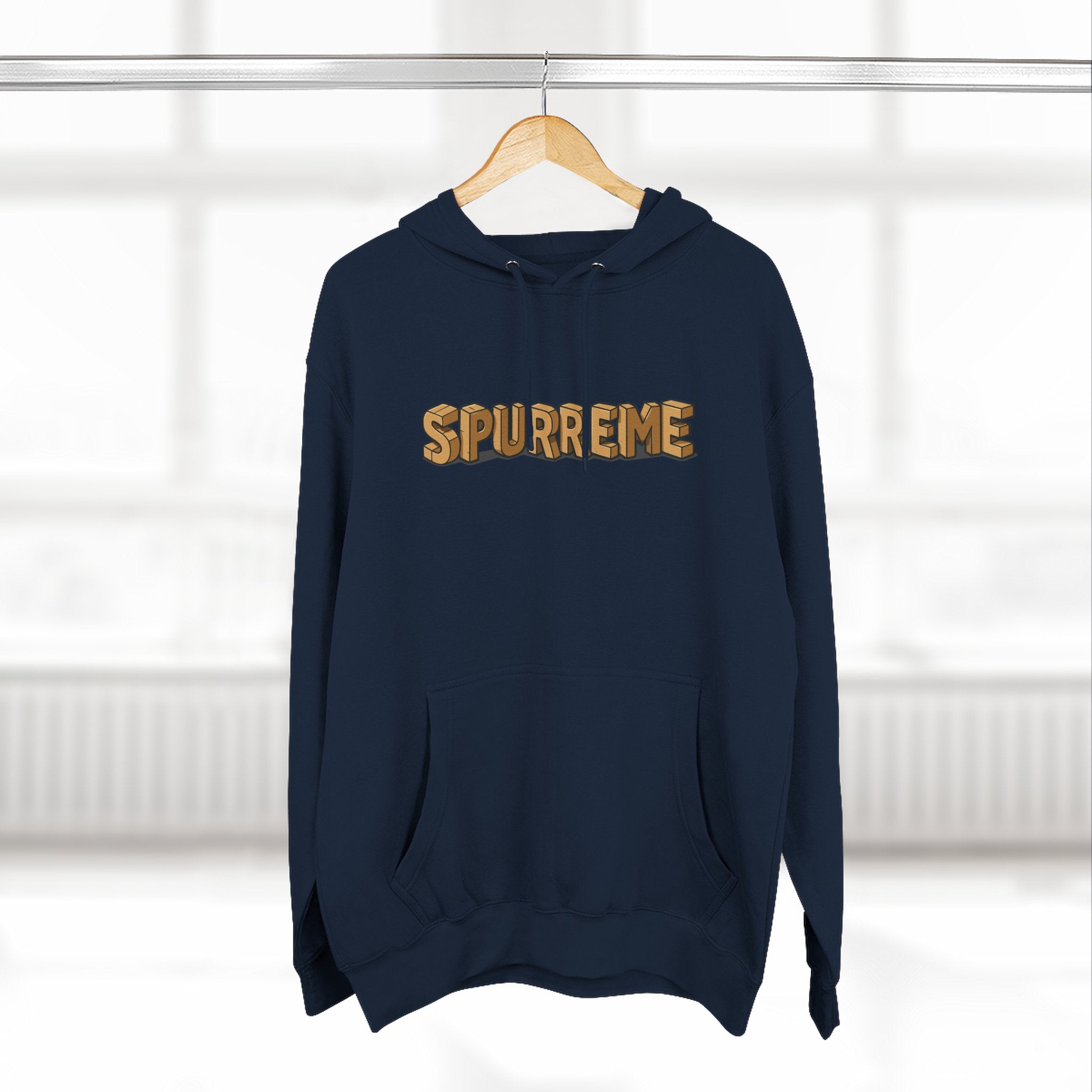 Spurreme Box Addict Cat Graphic Hoodie in navy, on a hanger