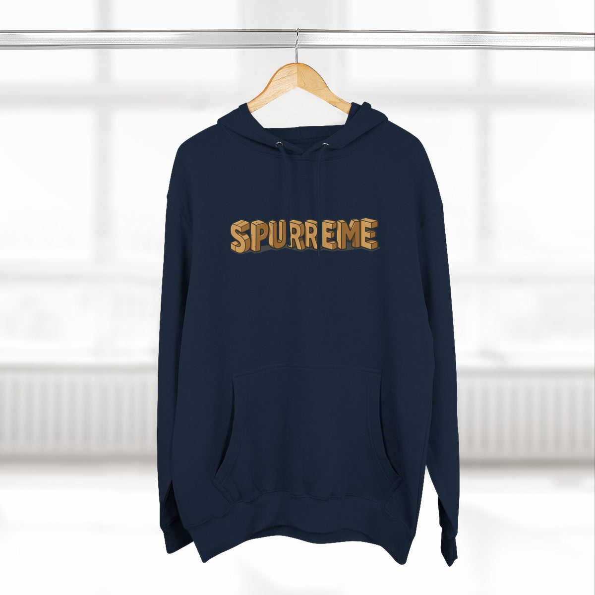 Spurreme Box Addict Cat Graphic Hoodie in navy, on a hanger