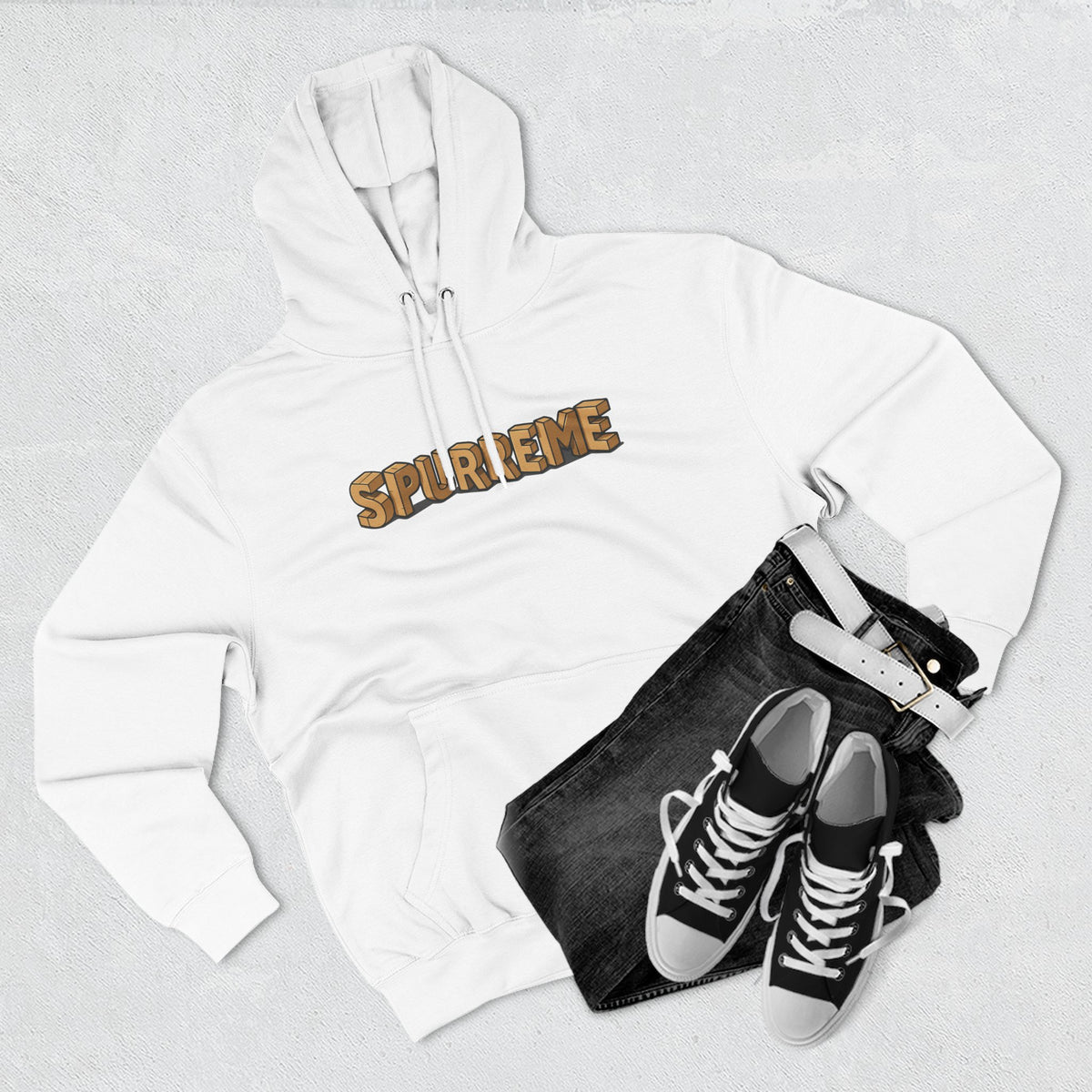 Spurreme Box Addict Cat Graphic Hoodie in white, flat lay