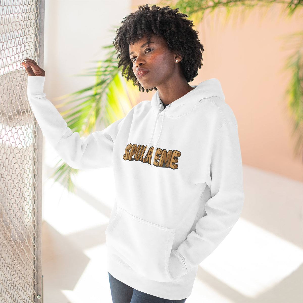 Spurreme Box Addict Cat Graphic Hoodie in white, worn by a model