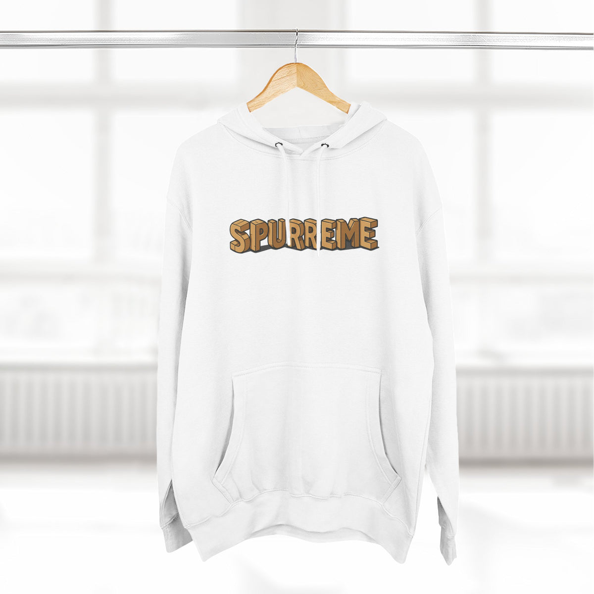 Spurreme Box Addict Cat Graphic Hoodie in white, on a hanger