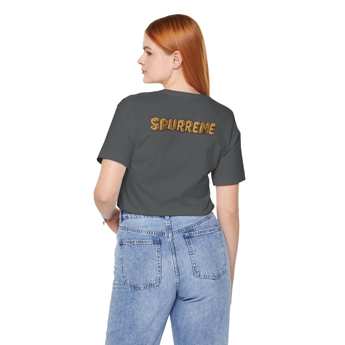 Spurreme Box Addict Cat Graphic T-Shirt in asphalt, back view on a female model