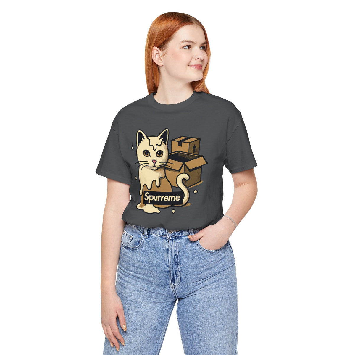 Spurreme Box Addict Cat Graphic T-Shirt in asphalt, worn by a female model
