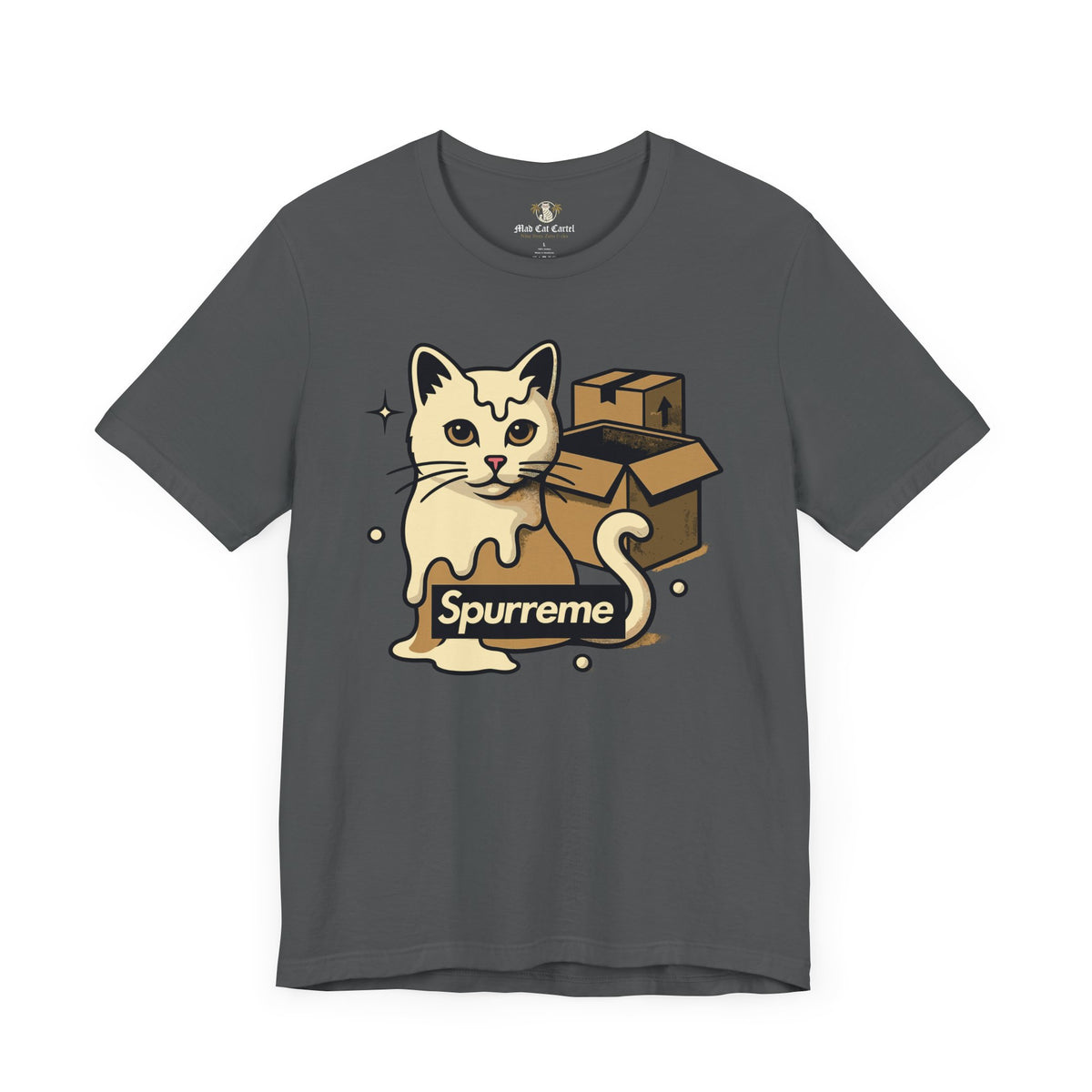 Spurreme Box Addict Cat Graphic T-Shirt in asphalt, front view
