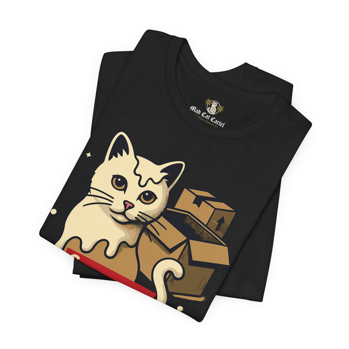 Spurreme Box Addict Cat Graphic T-Shirt in black, folded