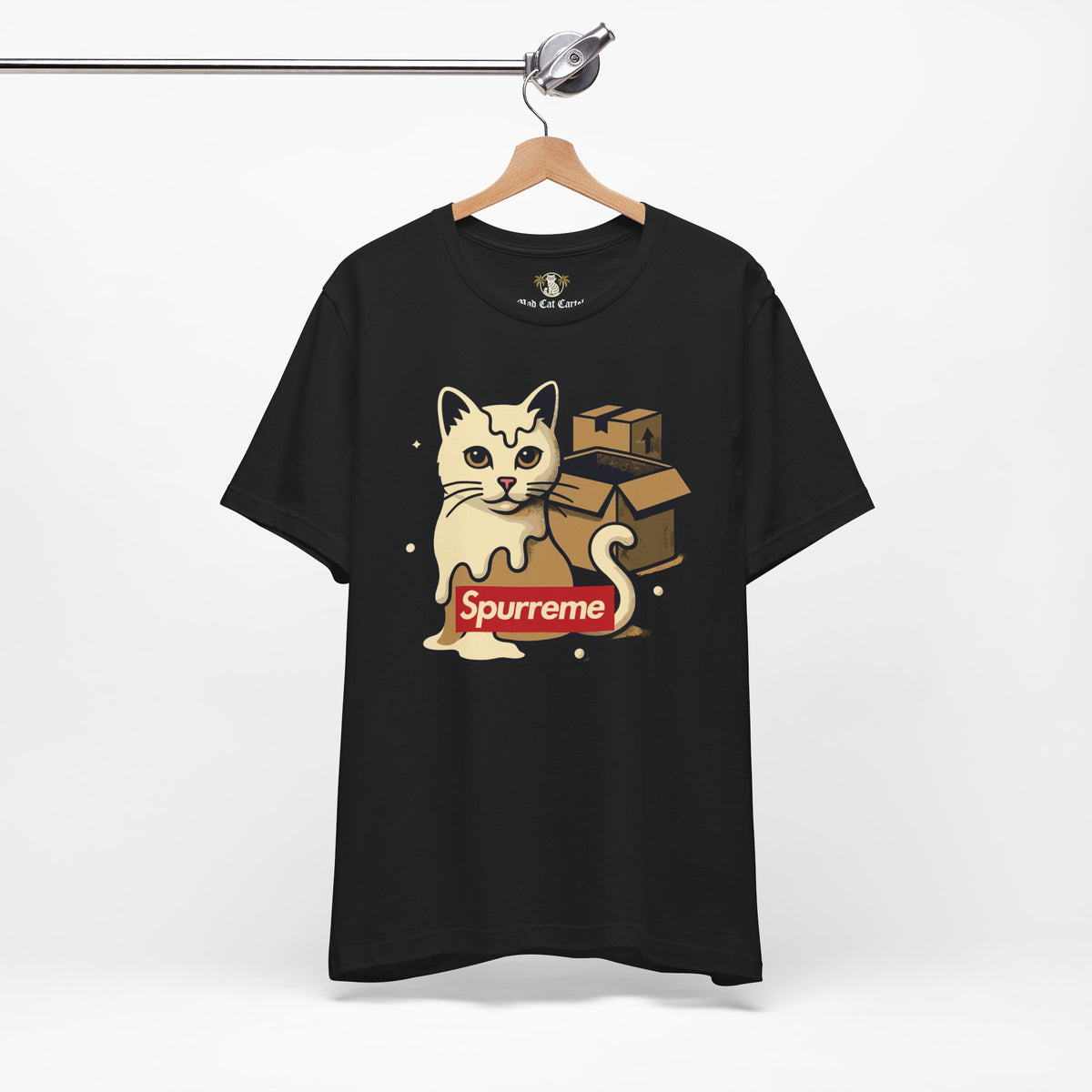 Spurreme Box Addict Cat Graphic T-Shirt in black, on a hanger