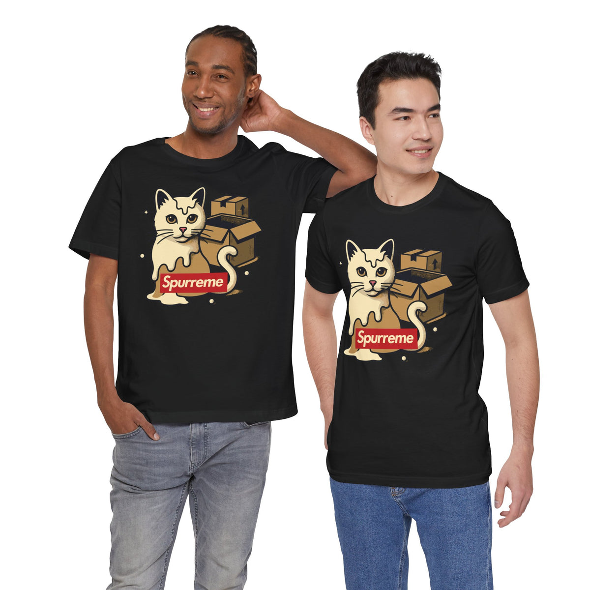 Spurreme Box Addict Cat Graphic T-Shirt in black, worn by two models