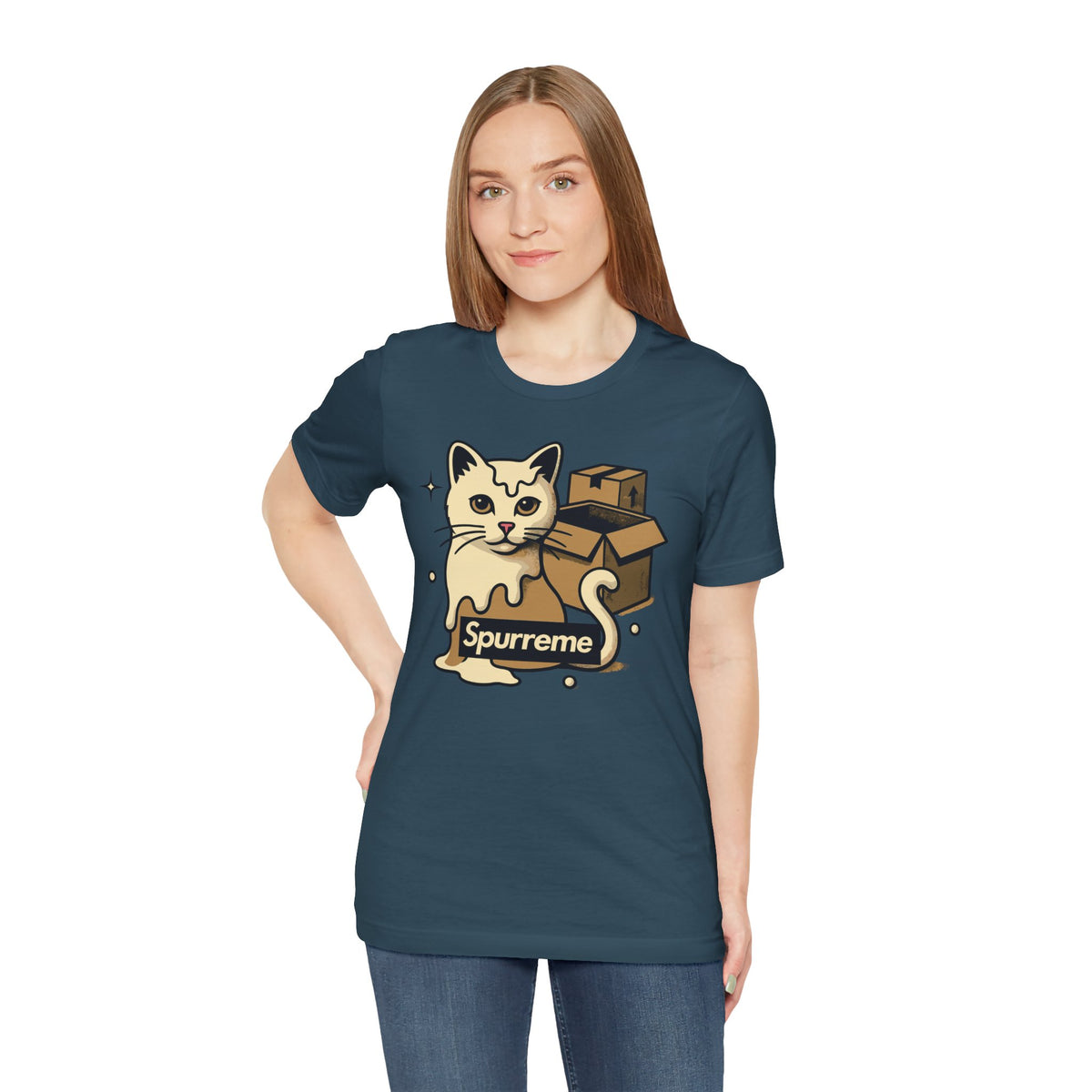 Spurreme Box Addict Cat Graphic T-Shirt in deep teal, worn by a female model