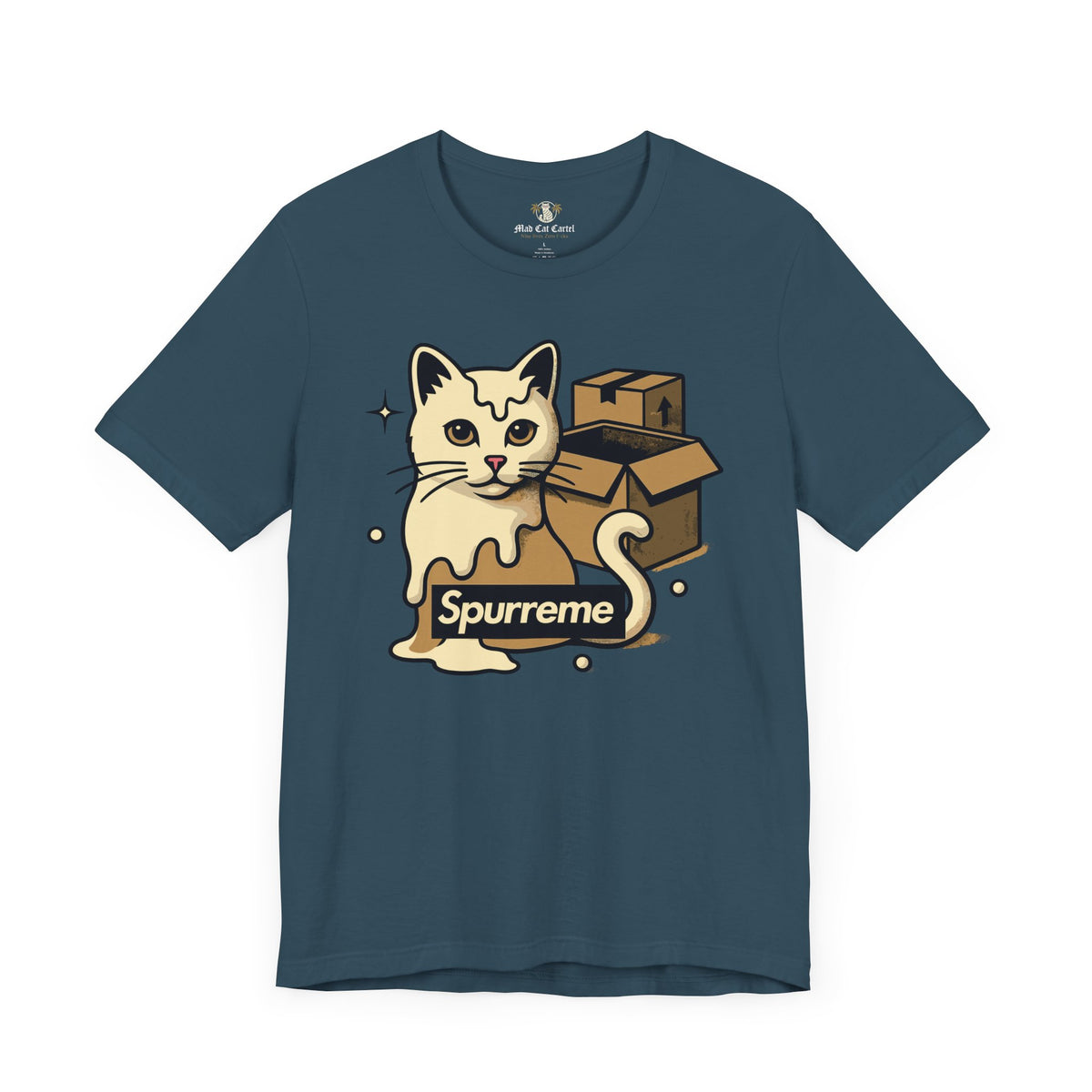 Spurreme Box Addict Cat Graphic T-Shirt in deep teal, front view