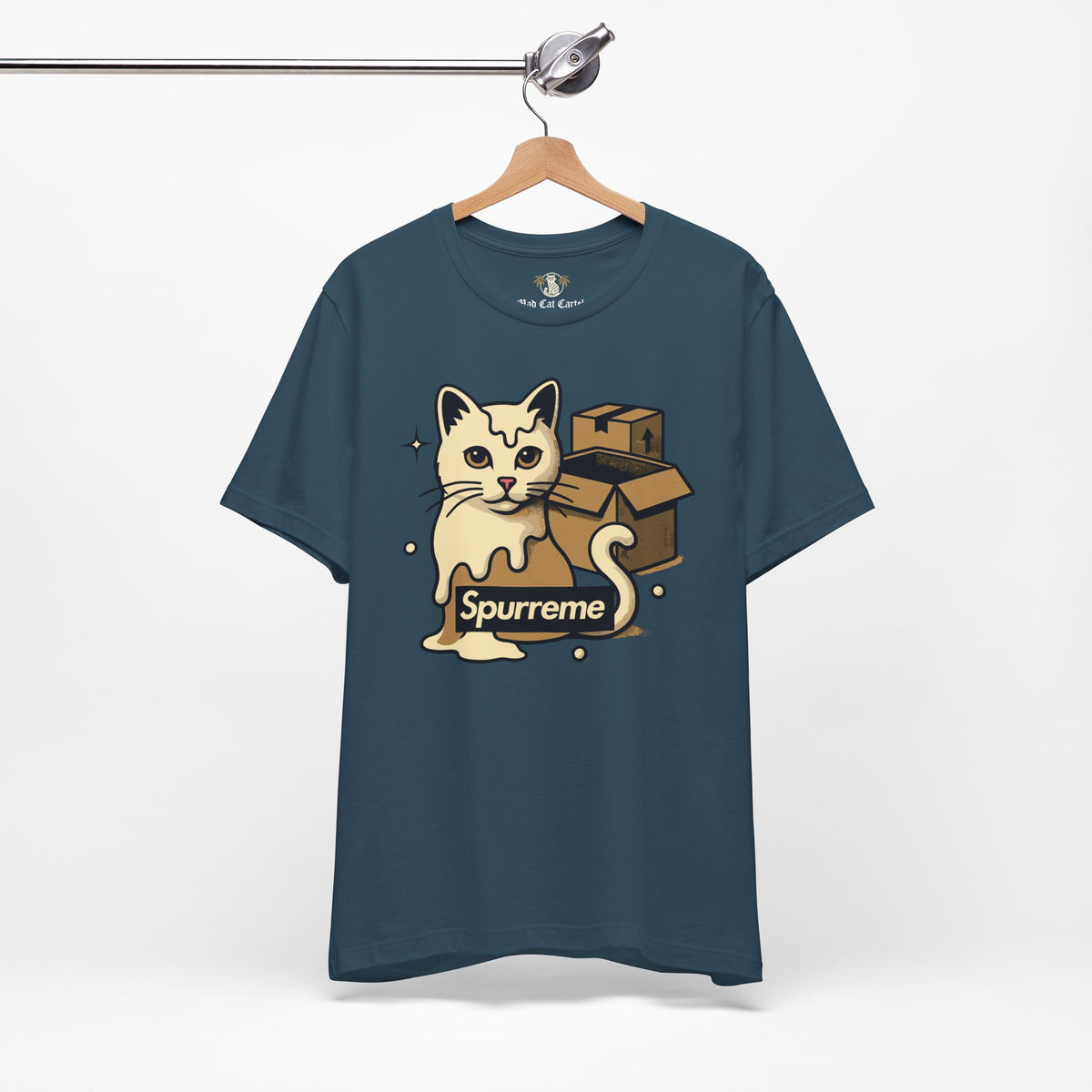 Spurreme Box Addict Cat Graphic T-Shirt in deep teal, on a hanger