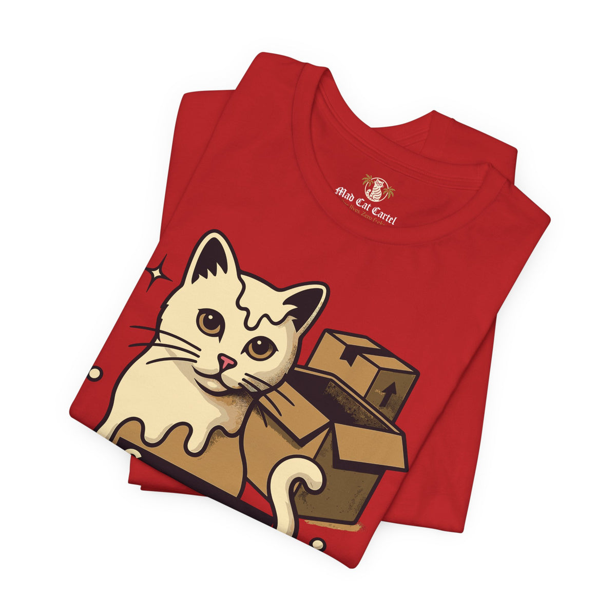 Spurreme Box Addict Cat Graphic T-Shirt in red, folded