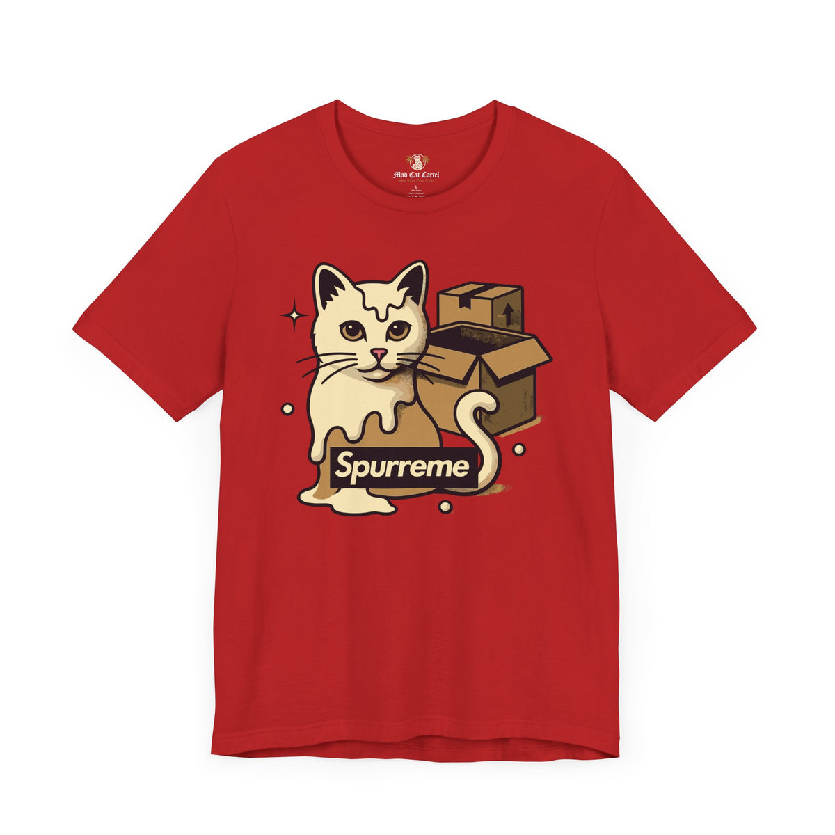 Spurreme Box Addict Cat Graphic T-Shirt in red, front view
