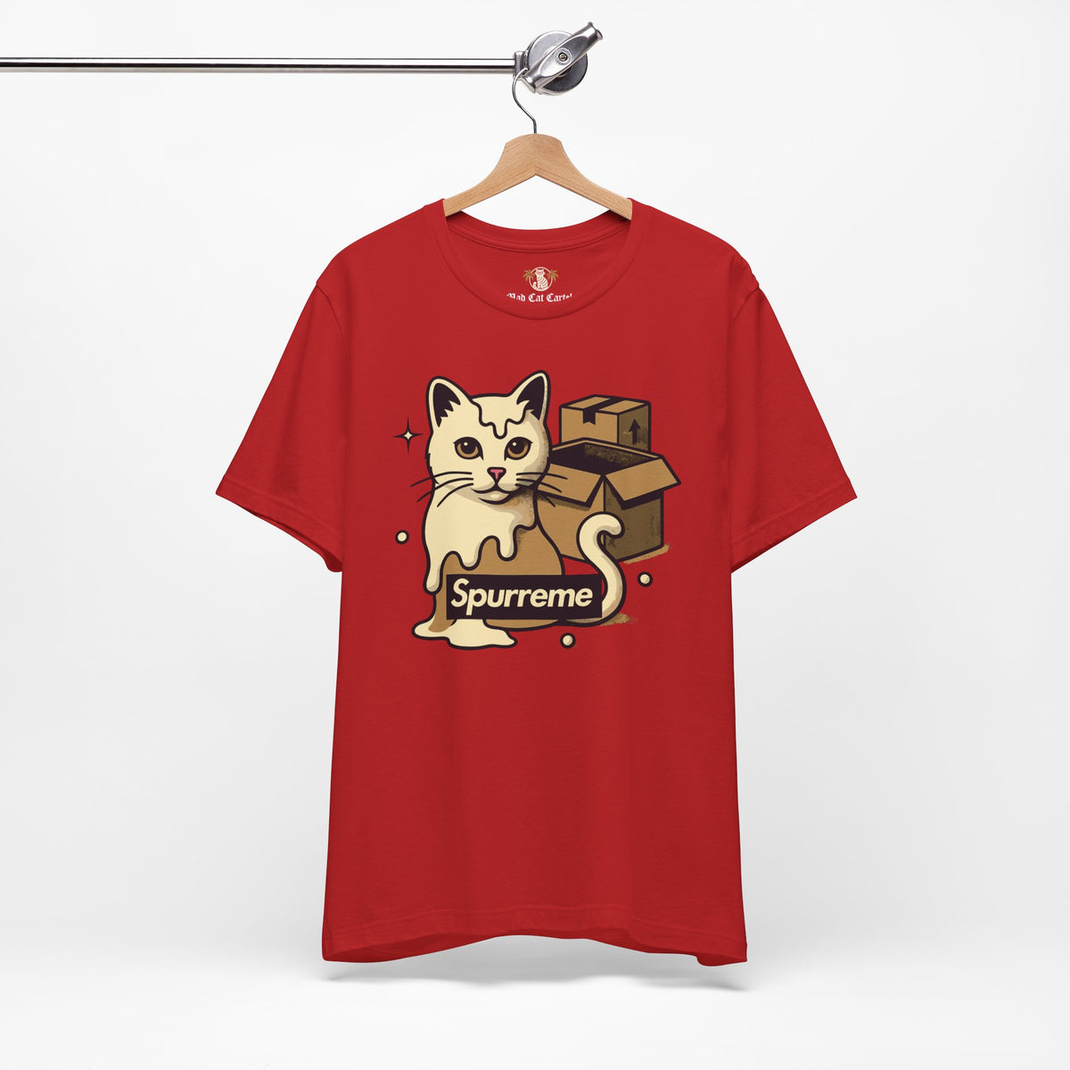 Spurreme Box Addict Cat Graphic T-Shirt in red, on a hanger