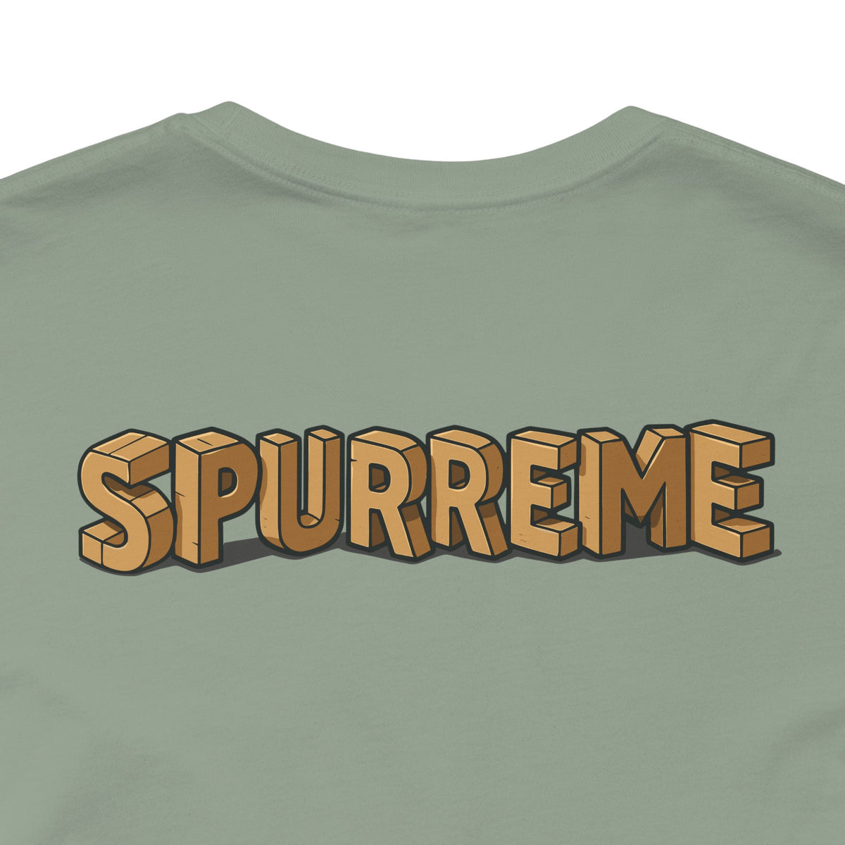 Spurreme Box Addict Cat Graphic T-Shirt in sage, close-up of the back print