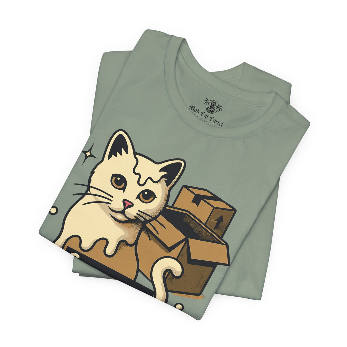 Spurreme Box Addict Cat Graphic T-Shirt in sage, folded