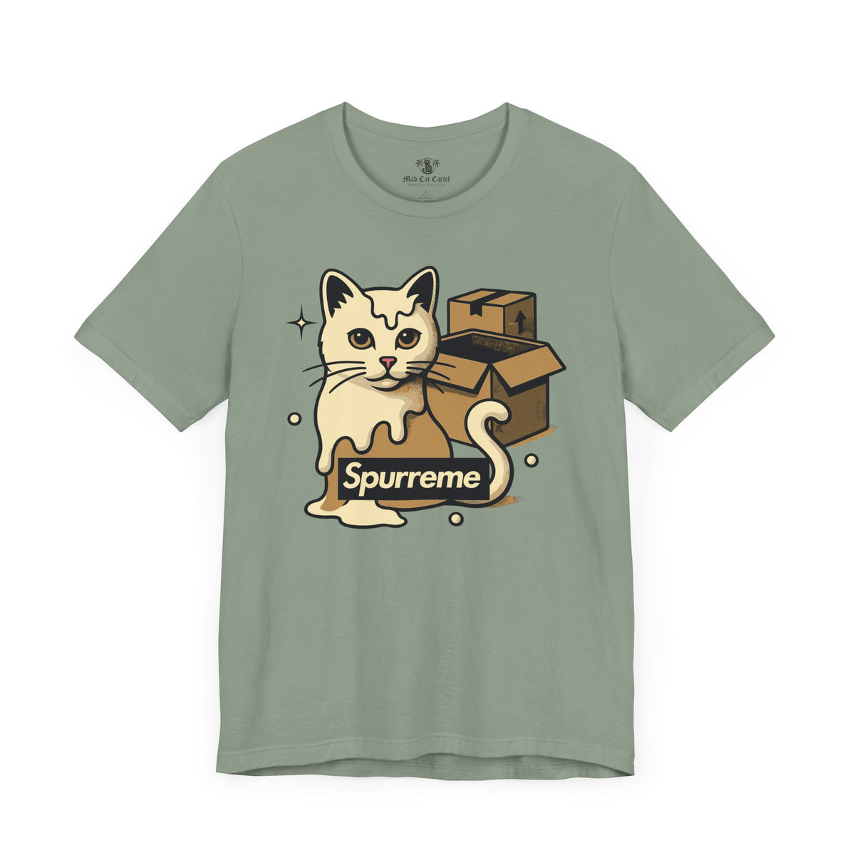Spurreme Box Addict Cat Graphic T-Shirt in sage, front view