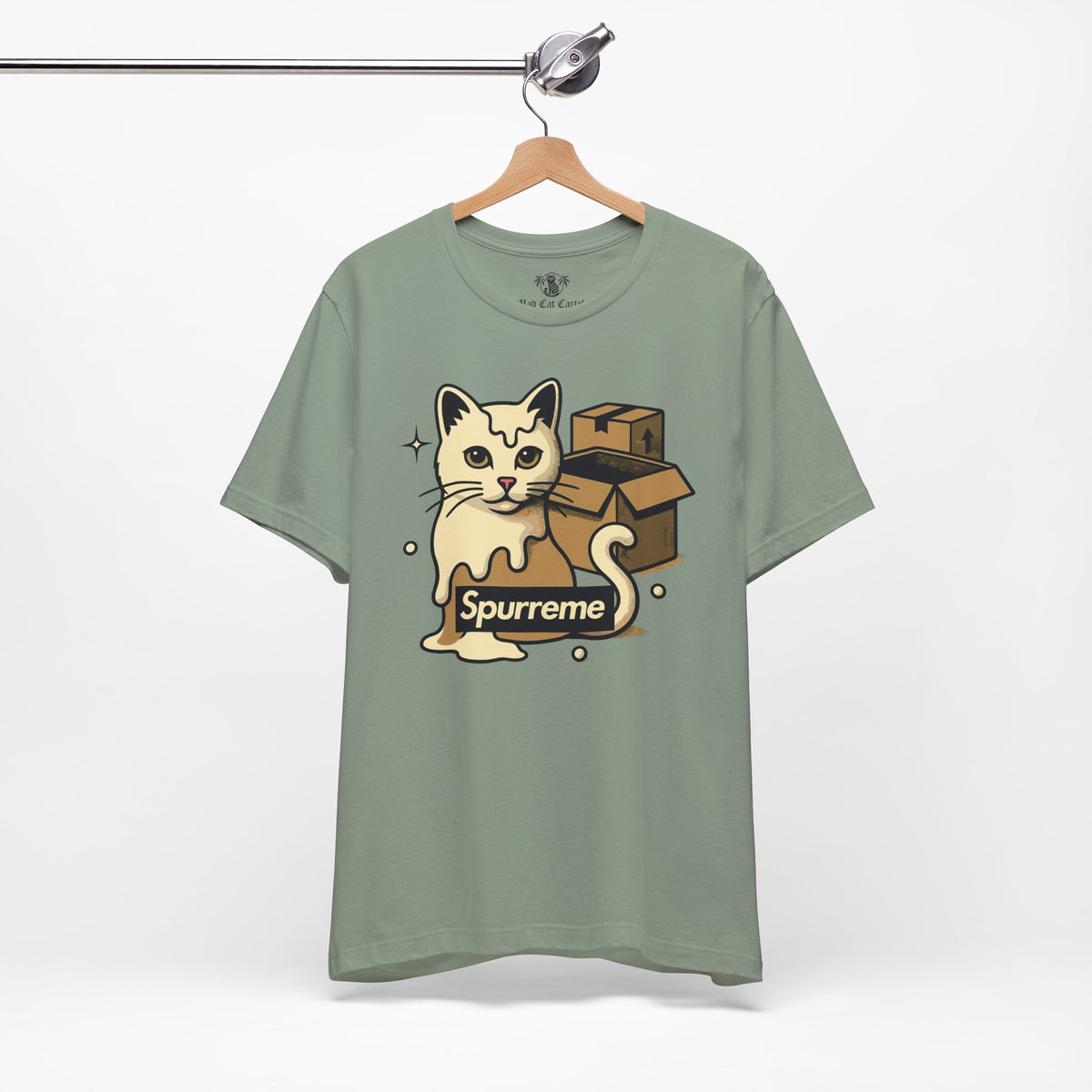Spurreme Box Addict Cat Graphic T-Shirt in sage, on a hanger