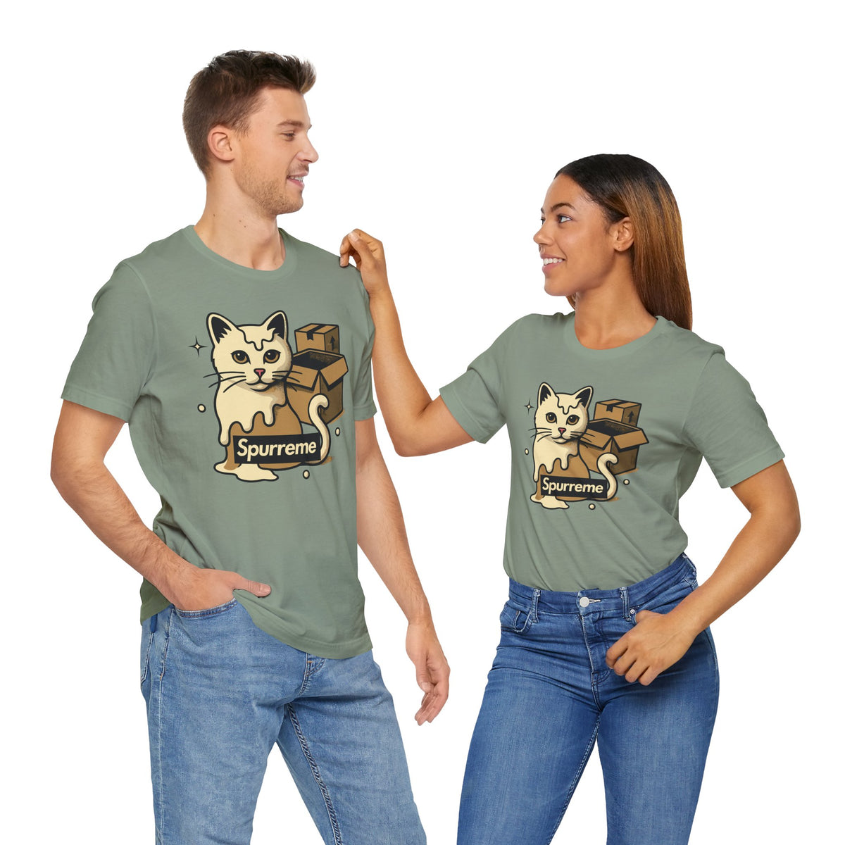 Spurreme Box Addict Cat Graphic T-Shirt in sage, worn by two models
