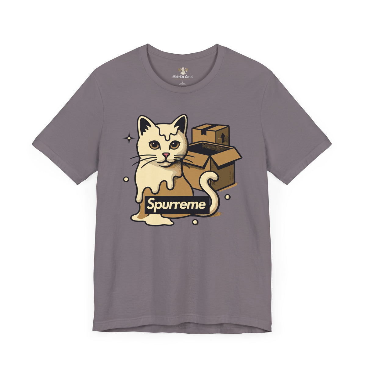 Spurreme Box Addict Cat Graphic T-Shirt in storm, front view