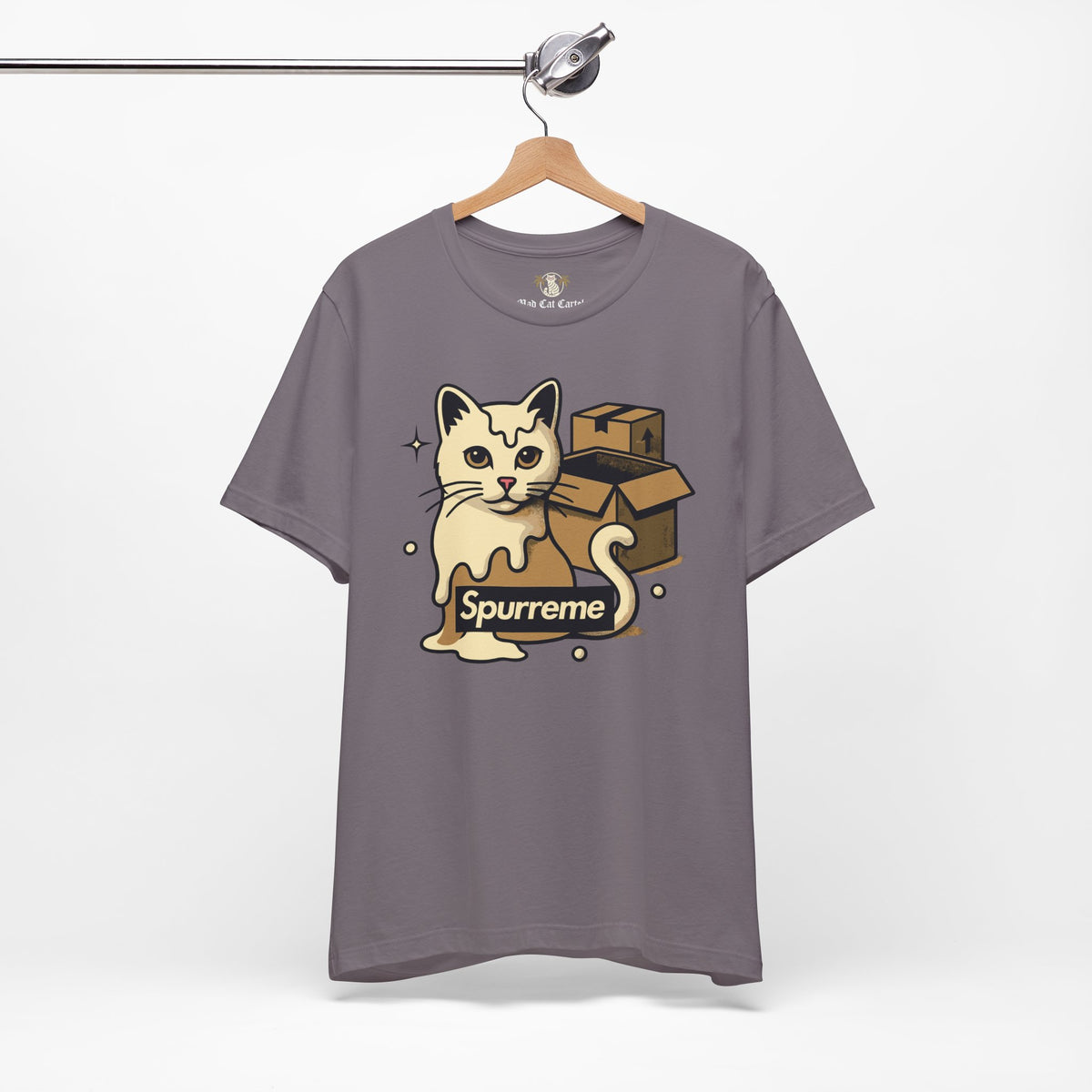 Spurreme Box Addict Cat Graphic T-Shirt in storm, on a hanger