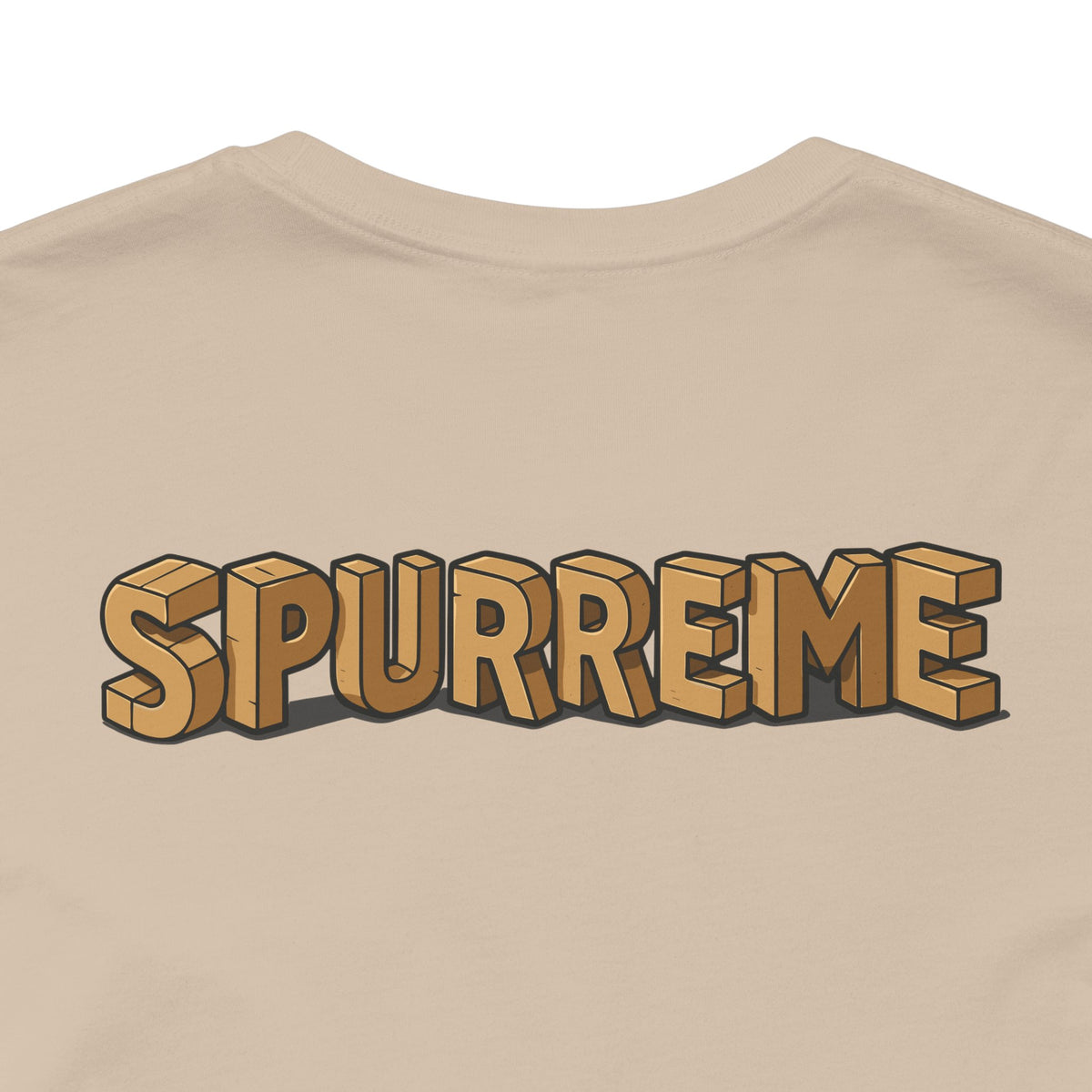 Spurreme Box Addict Cat Graphic T-Shirt in tan, close-up of the back print