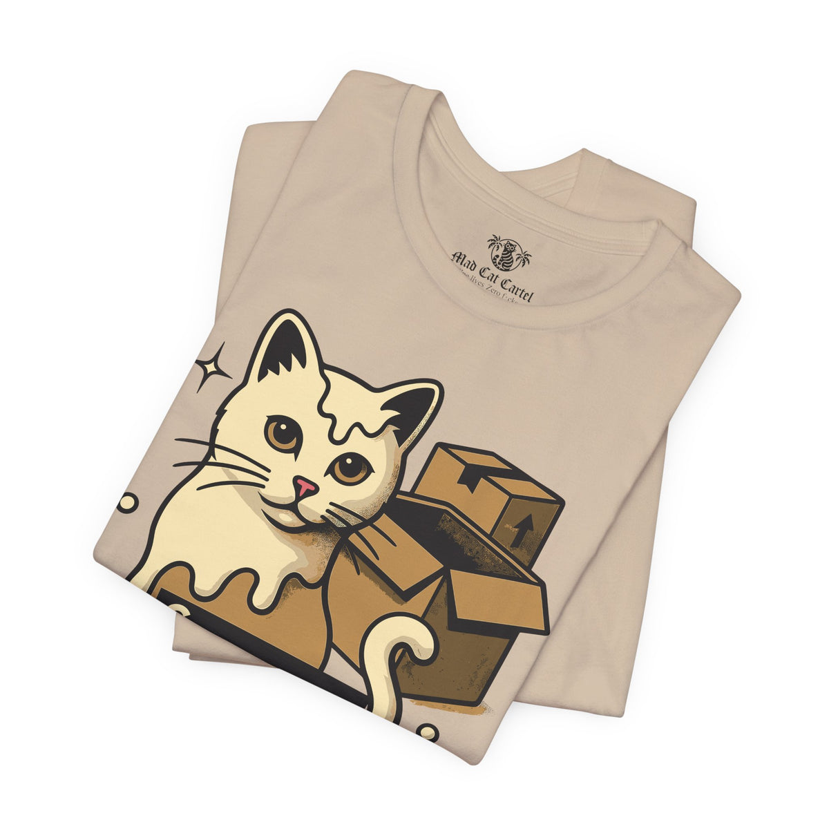 Spurreme Box Addict Cat Graphic T-Shirt in tan, folded