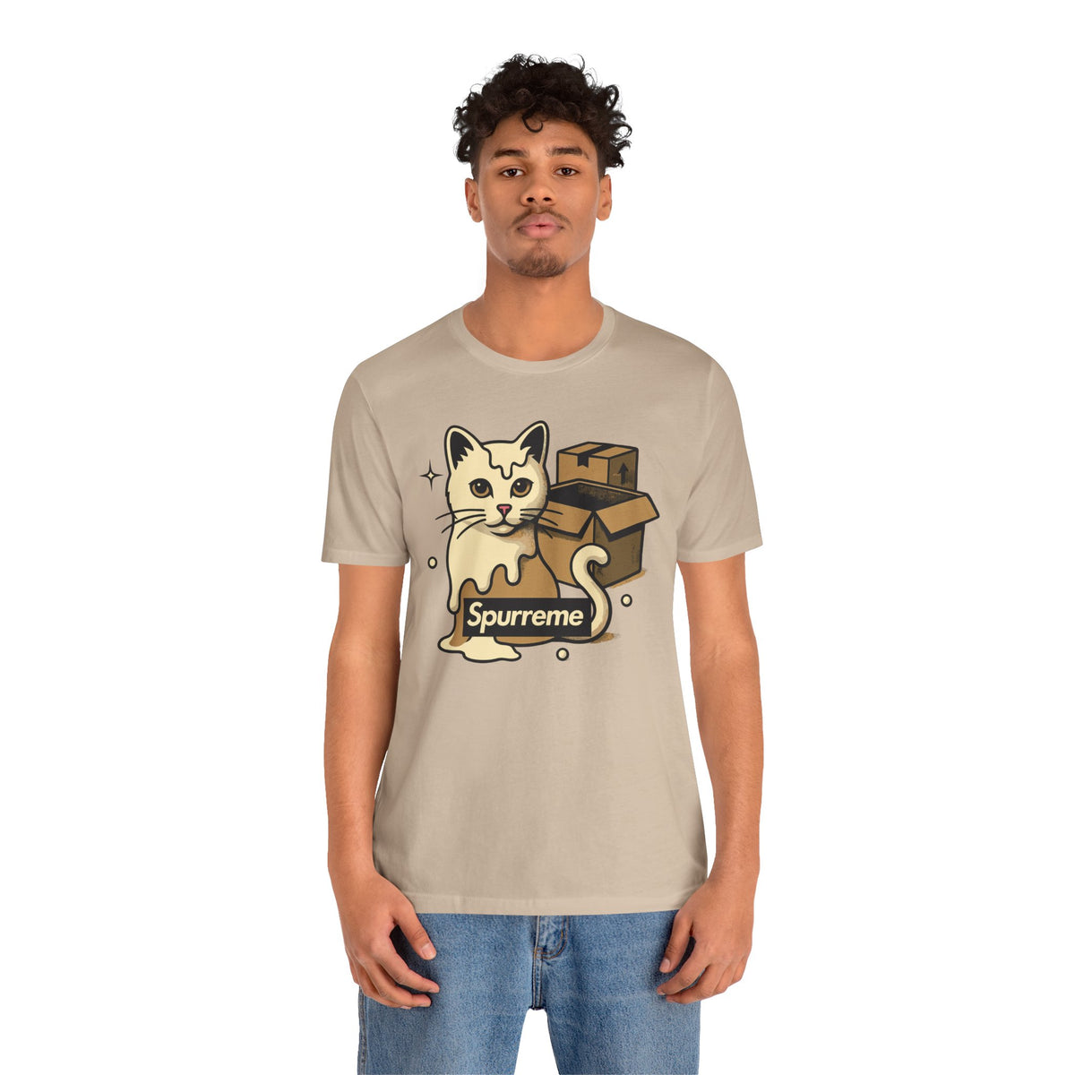 Spurreme Box Addict Cat Graphic T-Shirt in tan, worn by a male model