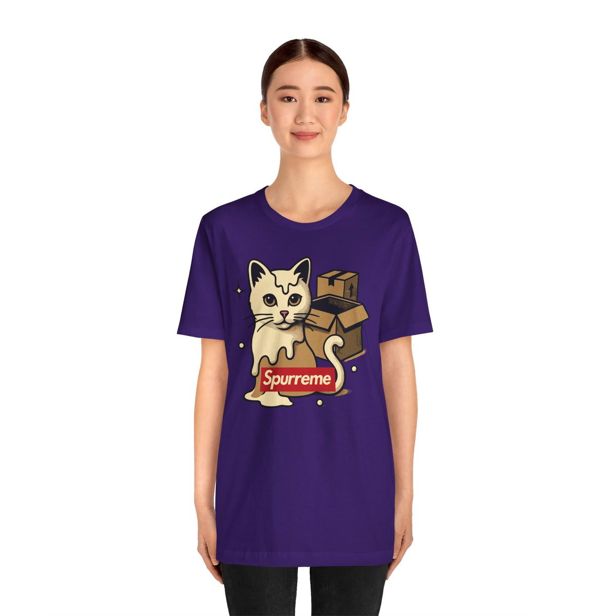 Spurreme Box Addict Cat Graphic T-Shirt in team purple, worn by a female model