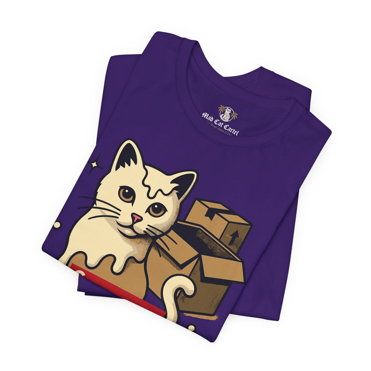 Spurreme Box Addict Cat Graphic T-Shirt in team purple, folded