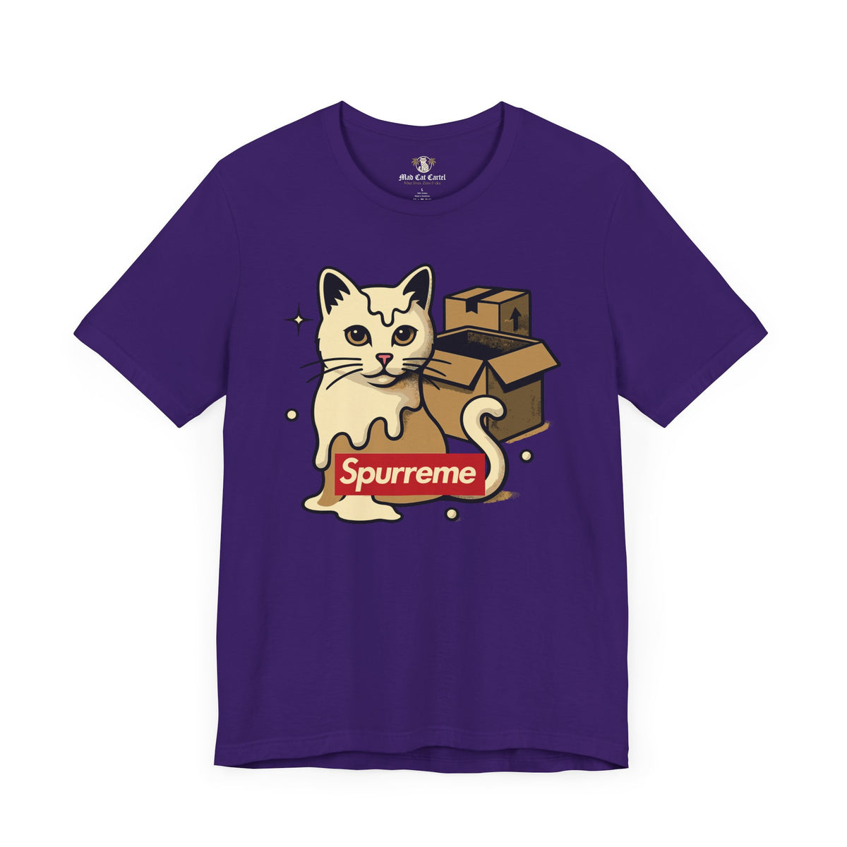 Spurreme Box Addict Cat Graphic T-Shirt in team purple, front view