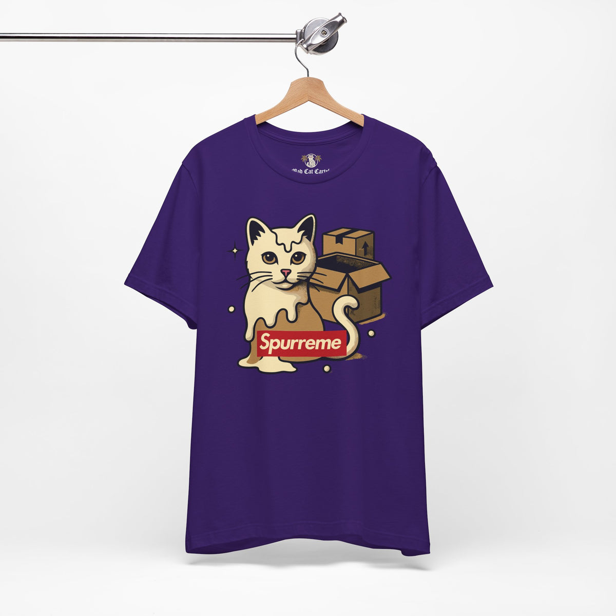 Spurreme Box Addict Cat Graphic T-Shirt in team purple, on a hanger