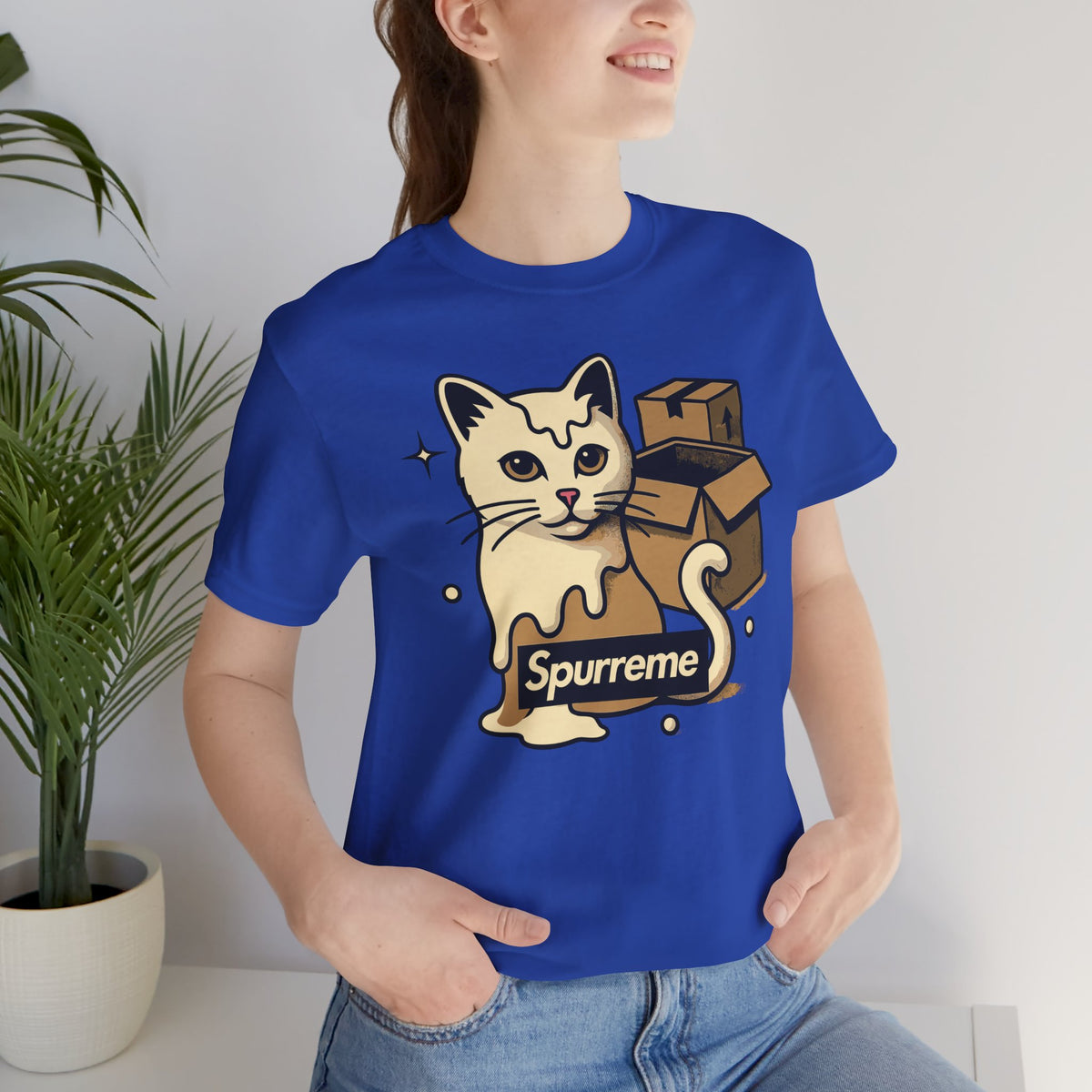 Spurreme Box Addict Cat Graphic T-Shirt in true royal, worn by a female model