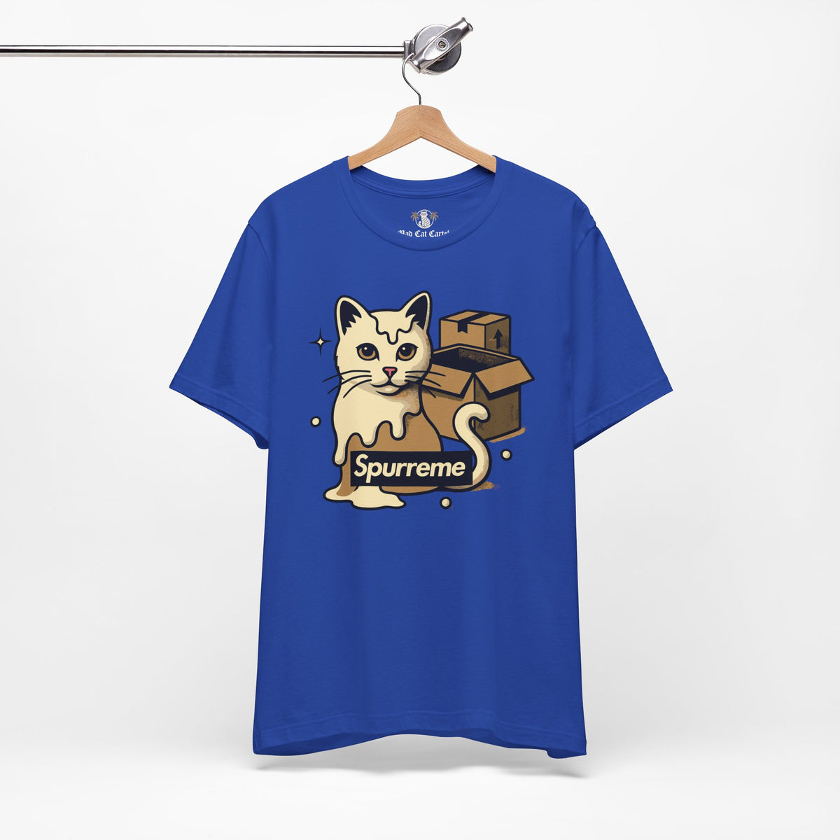 Spurreme Box Addict Cat Graphic T-Shirt in true royal, on a hanger