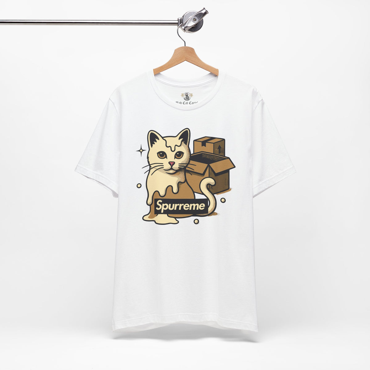 Spurreme Box Addict Cat Graphic T-Shirt in white, on a hanger